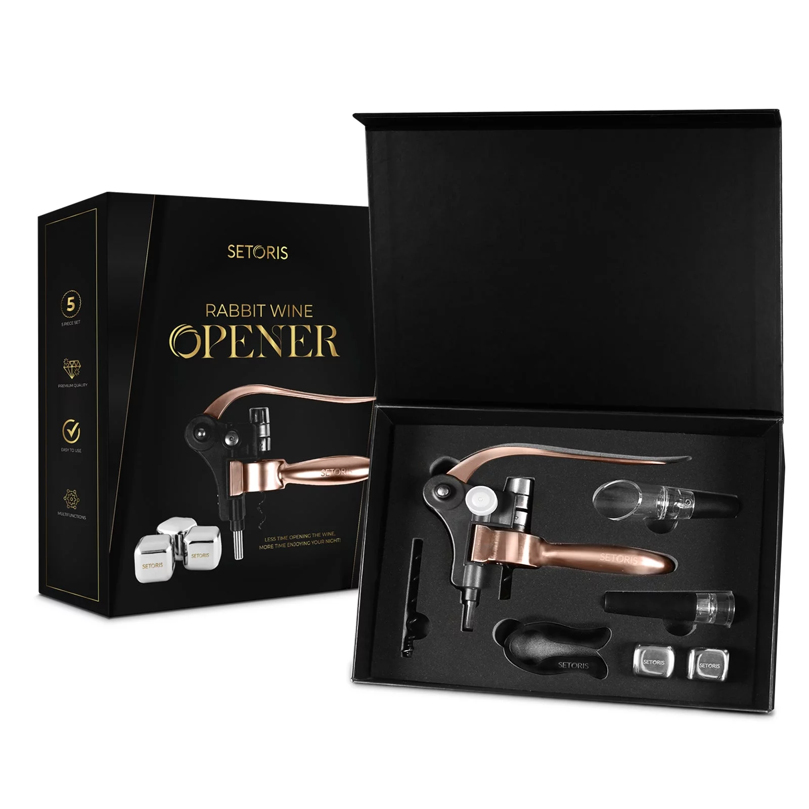 Heavy-Duty Rabbit Wine Opener With 2 Stainless Steel Ice Cubes By Setoris - Winged Corkscrew With Ergonomic Lever & Non-Stick Warm- Manual Rabbit Cork Remover- Great Wine Gift Idea