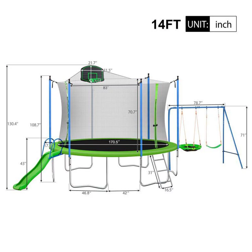 LISUEYNE 14FT Trampoline with Enlosure,Recreational Trampoline with Slide and Swing,Basketball Hoop,Ladder,Outdoor Fitness Trampoline,1200lbs Weight Capacity