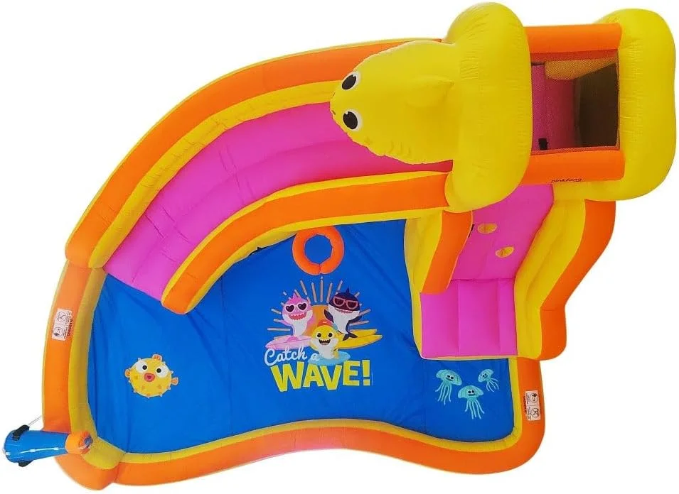 Funormous Baby Shark Bounce House with Slide Wet or Dry, Pink Fong Inflatable Water Slide, Party Outdoor Curve Waterslide Fun, Kids Backyard Water Park, Includes Water Sprayer, Pool & Blower