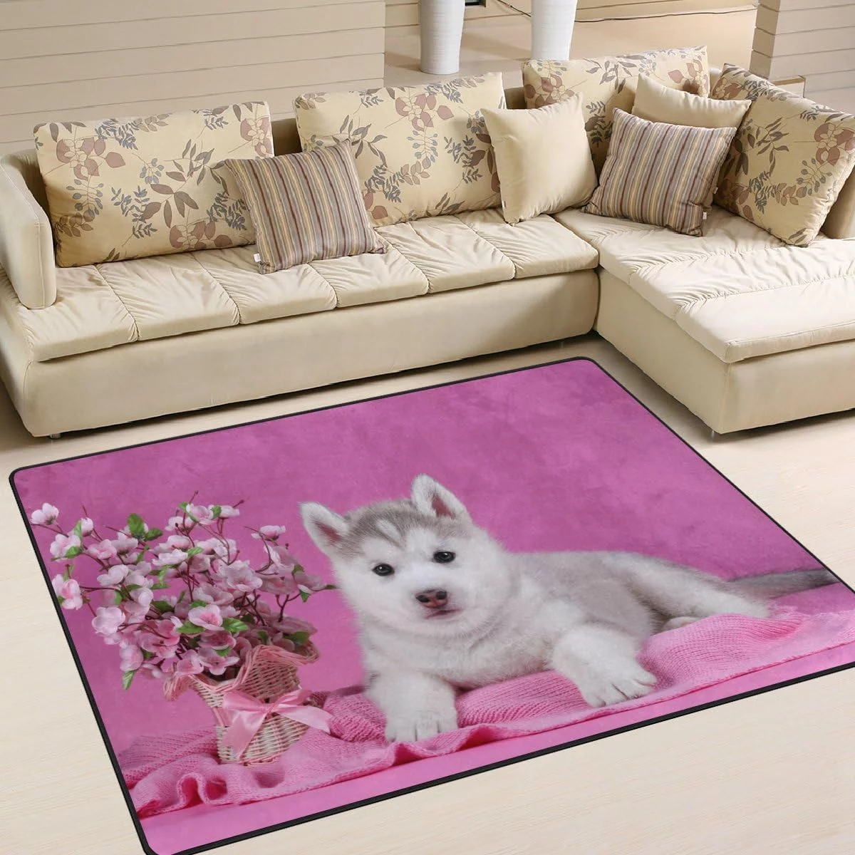 Dreamtimes Cute Siberian Husky Puppy with Flower Lightweight Carpet Mats, 6'8