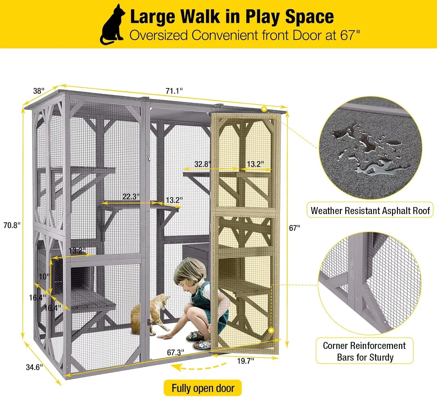 Cat House Outdoor Catio Kitty Enclosure with Super Large Enter Door, Wooden Cat Cage Condo Indoor Playpen with Platforms & Small House-71 Inch