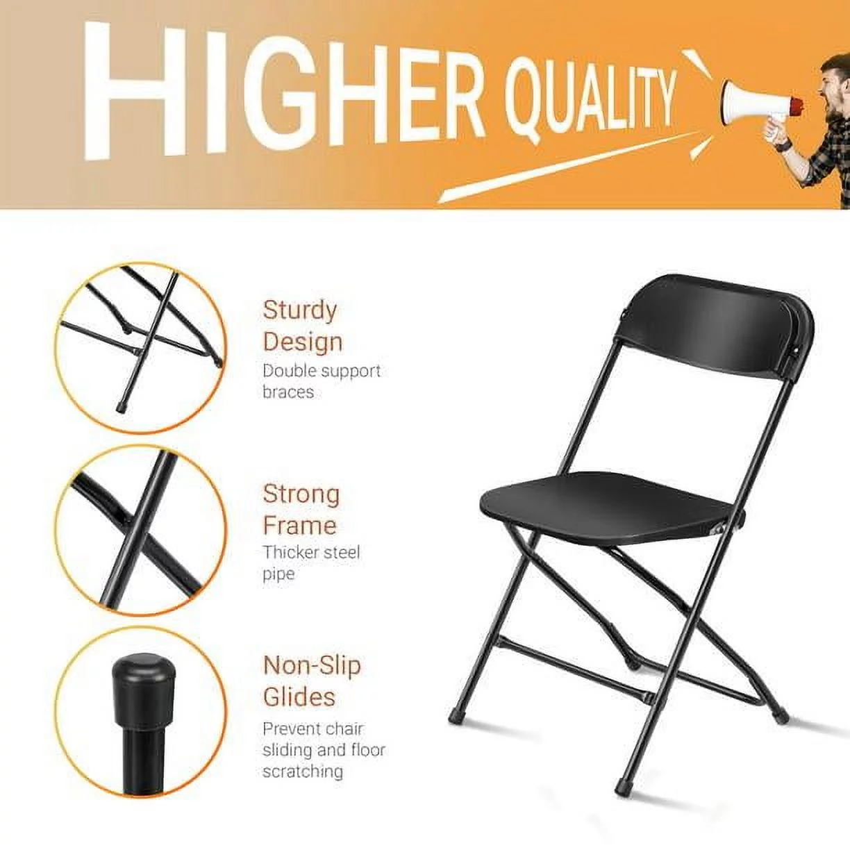 UBesGoo 10 Pack Plastic Folding Chairs Wedding Banquet Seat Party Event Chair for Concert, Music Festival, Holiday, Plastic Dining Chair, Black