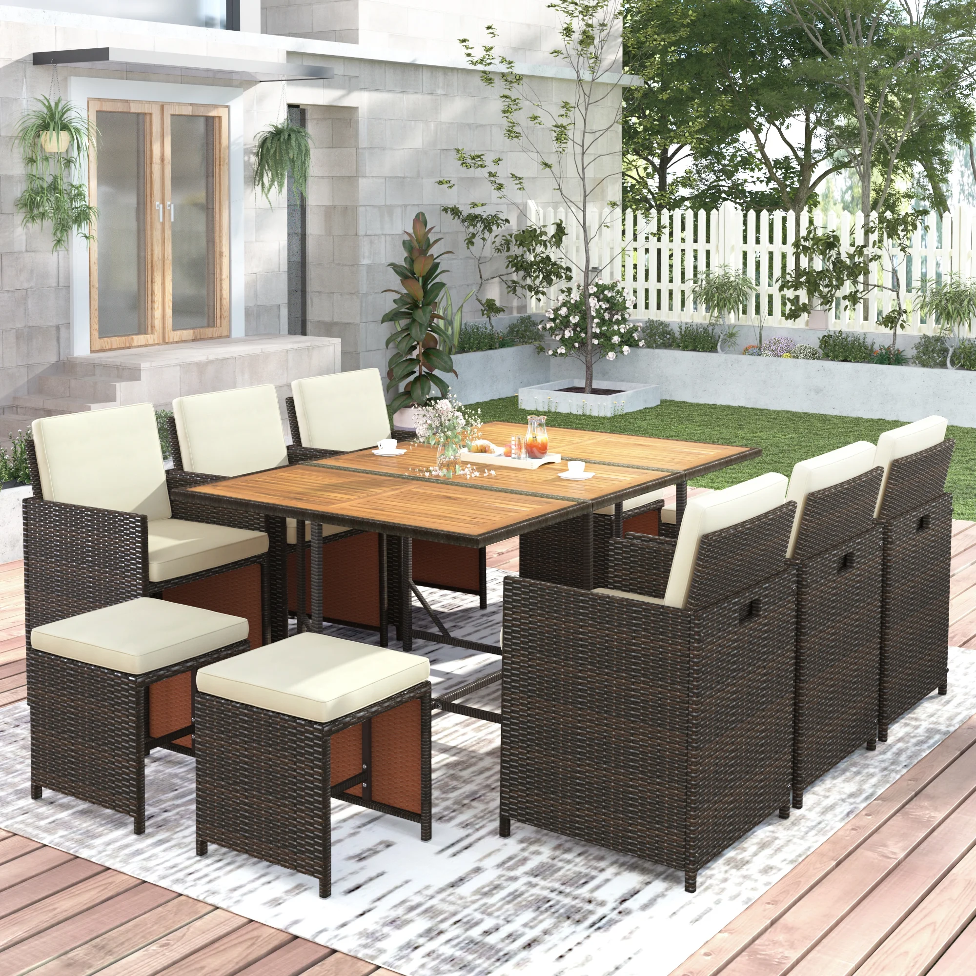 Euroco 11 Pieces Patio Dining Table Set All-Weather PE Wicker Table Set for 10 Persons, Brown Rattan & Beige Cushion
