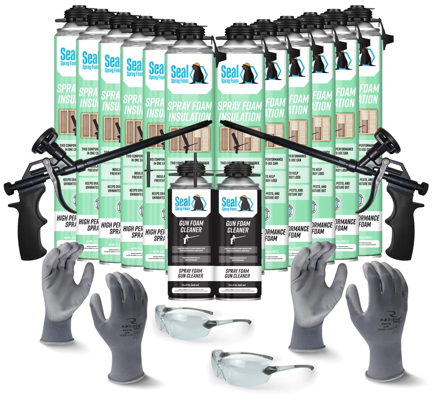 Seal Spray Foam CCI Foam Can Kit w/ 300 Board FT-12 Cans, 2 Gun Foam Applicators, 2 Cans of Cleaner, 1 pair L gloves, 1 pair XL gloves, 2 pair Safety Glasses
