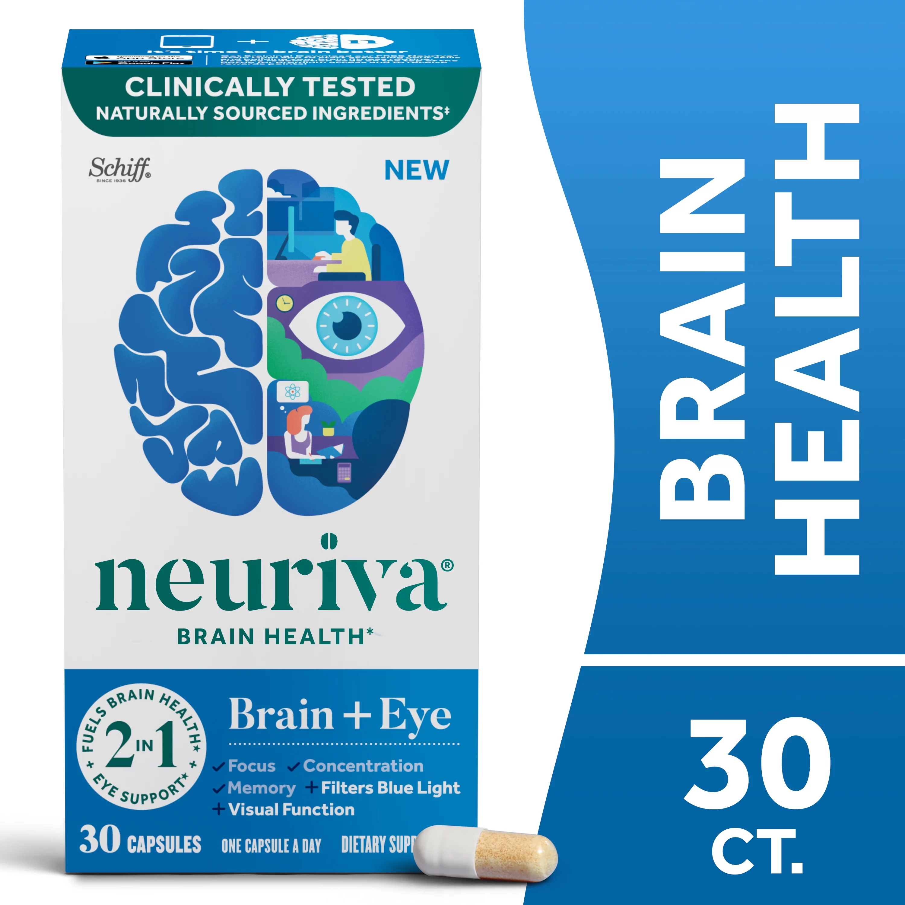 Neuriva Brain + Eye Capsules (30 count), Fuels Brain Health & Eye Support*, With Coffee Cherry & Lutein, Vitamins A C E, Zinc, Zeaxanthin, Antioxidants, Filters Blue Light
