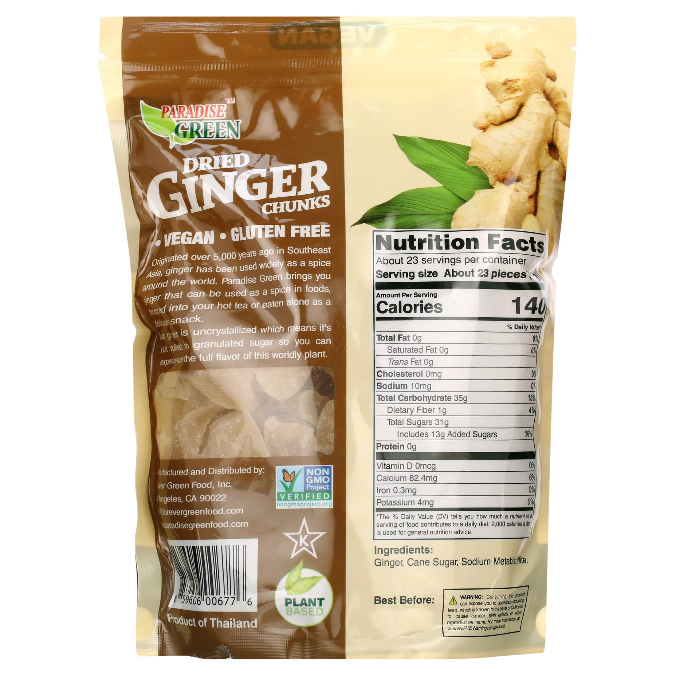 Paradise Green Dried Ginger Chunks, Uncrystallized | Vegan | Plant Based | Non-GMO, 32 oz