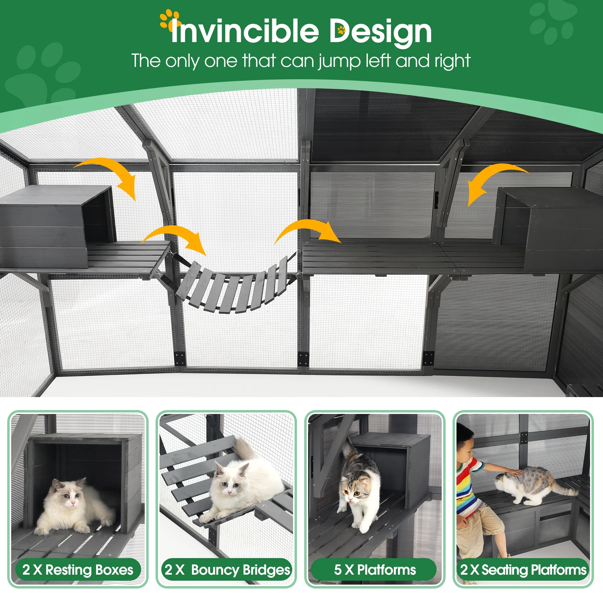 Cat House Outdoor Luxurious Cat Condo, Segmart Walk-in Weatherproof UV Proof Walk in Catio Enclosure Iguana Cage with Sunshine Board, Super Large Enter Door, Sleeping Houses, Bridges, Dark Grey