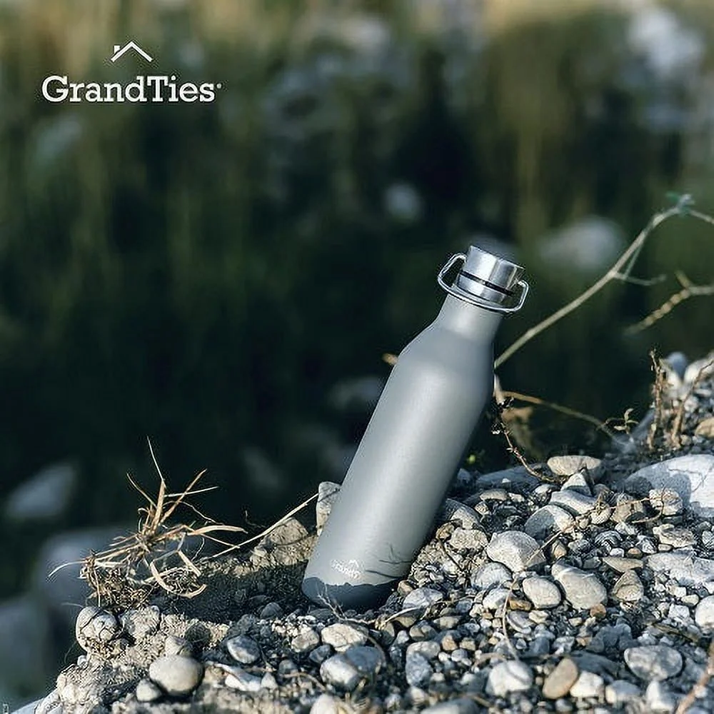 GrandTies Stainless Steel Water Bottles with 2 Lids | Slim Vacuum Insulated Cupholder Flask | Reusable Leak Proof BPA-Free Keep Cold Water bottle for School Gym Travel Sports | 21oz, Stone Gray