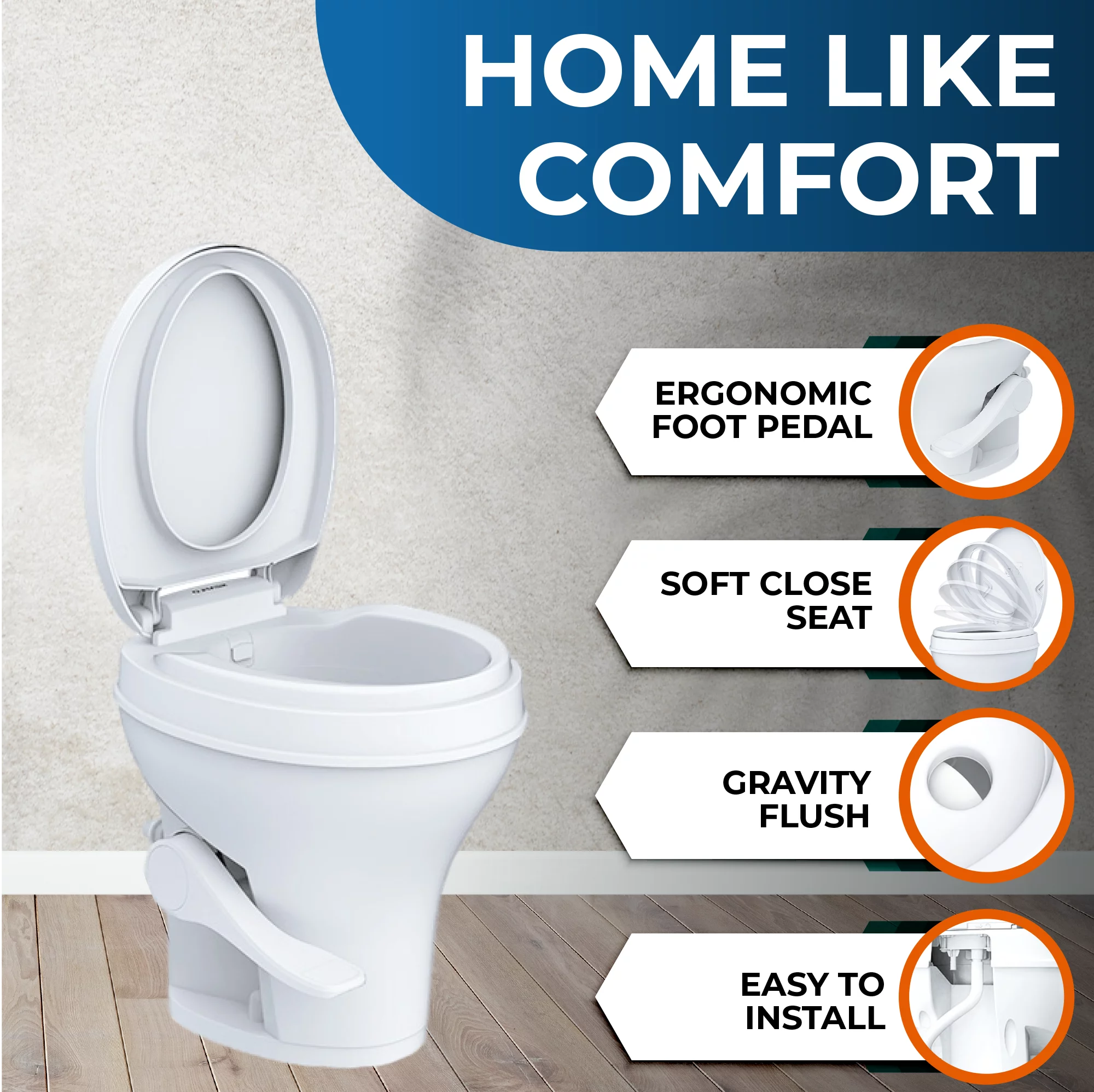 SEAFLO RV Toilet - Standard Height, Gravity Flush, Foot Pedal, Soft Close Lid