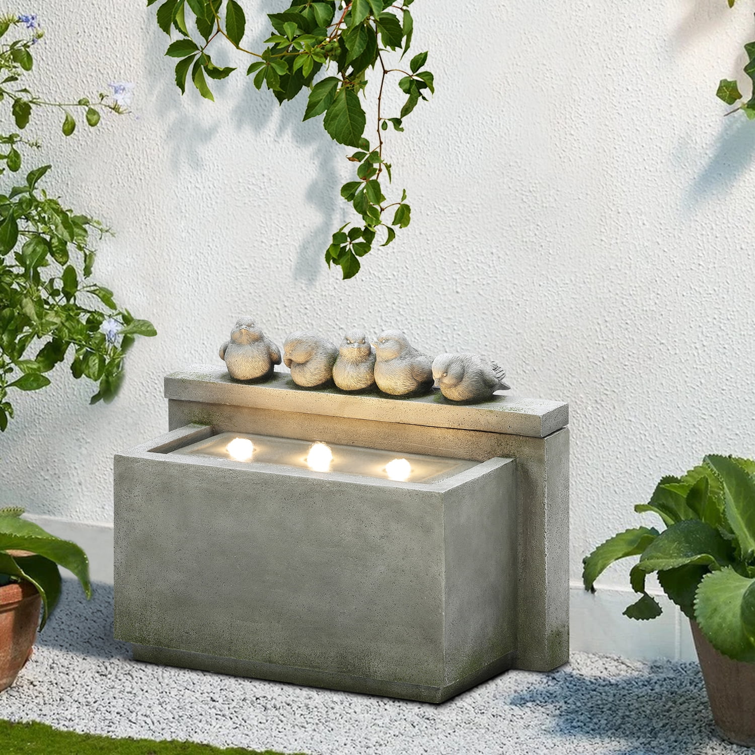 LuxenHome Gray Rectangular and Birds Resin Outdoor Bubbler Fountain with Lights