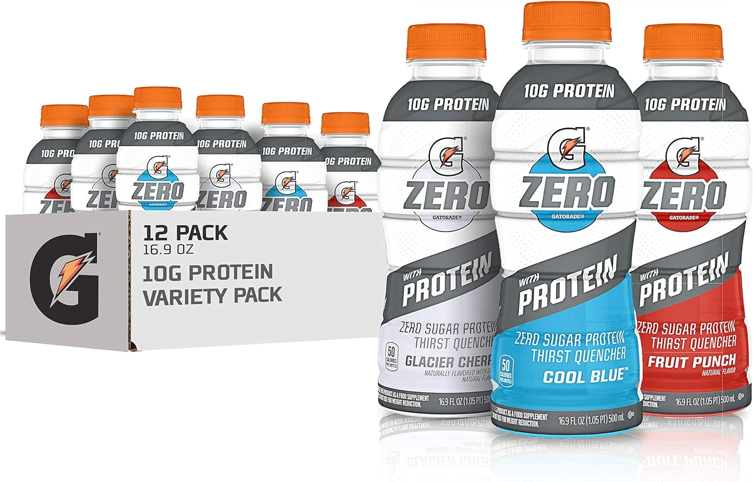 Gatorade Zero Sugar with Protein Variety Pack, 10g Whey Protein Sports Drink, 16.9 oz, 12 Pack Bottles