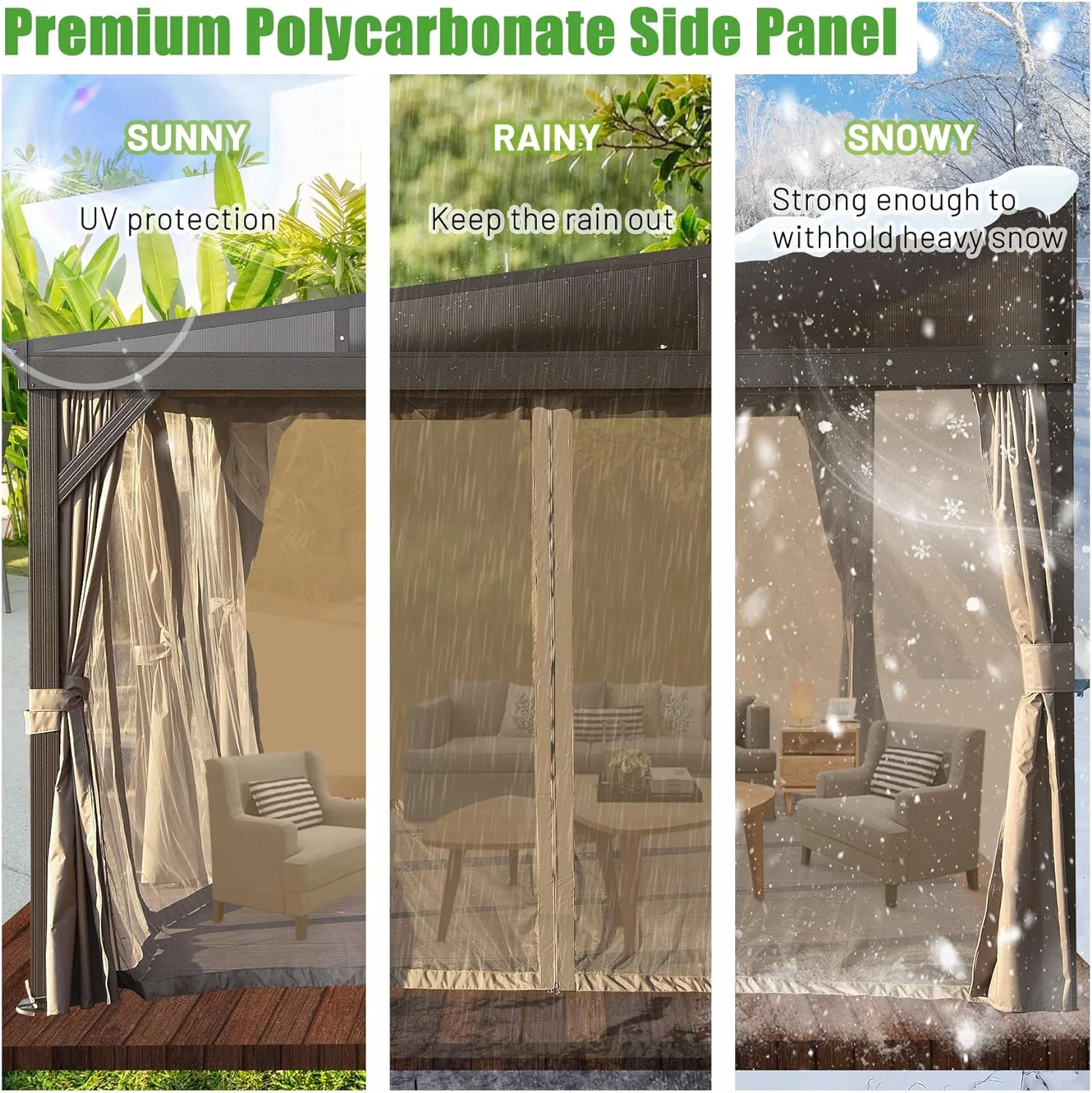 Domi 12x16FT Lean to Gazebo, Outdoor Hardtop Wall Mounted Gazebo with Sloping Galvanized Steel Roof, Durable Aluminum Frame, Netting Curtain for Deck, Porch, Backyard