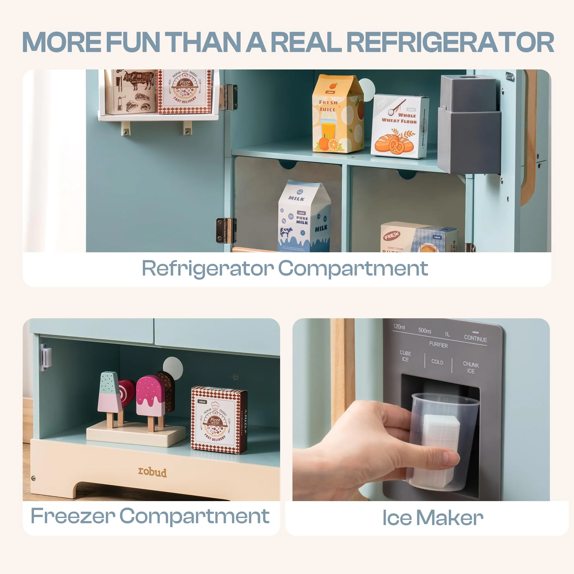 Robud Play Kitchen for Toddlers,Fridge Refrigerator with Ice Dispenser,Wooden Kids Play Kitchen Playset Toy,Gift for Ages 3+,Blue