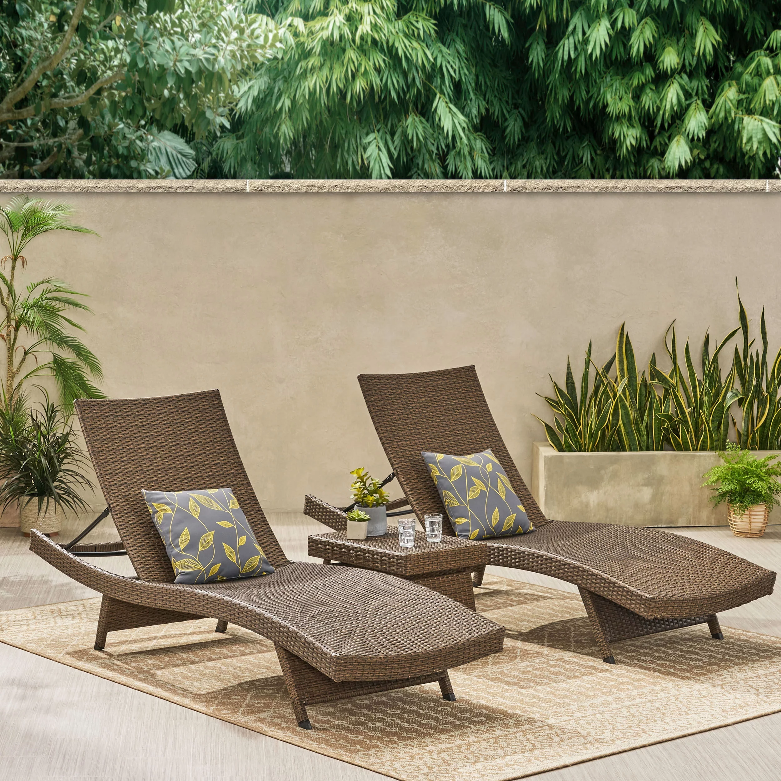 Bailee Outdoor 3 Piece Armless Wicker Chaise Lounge and Table Set, Mix Mocha
