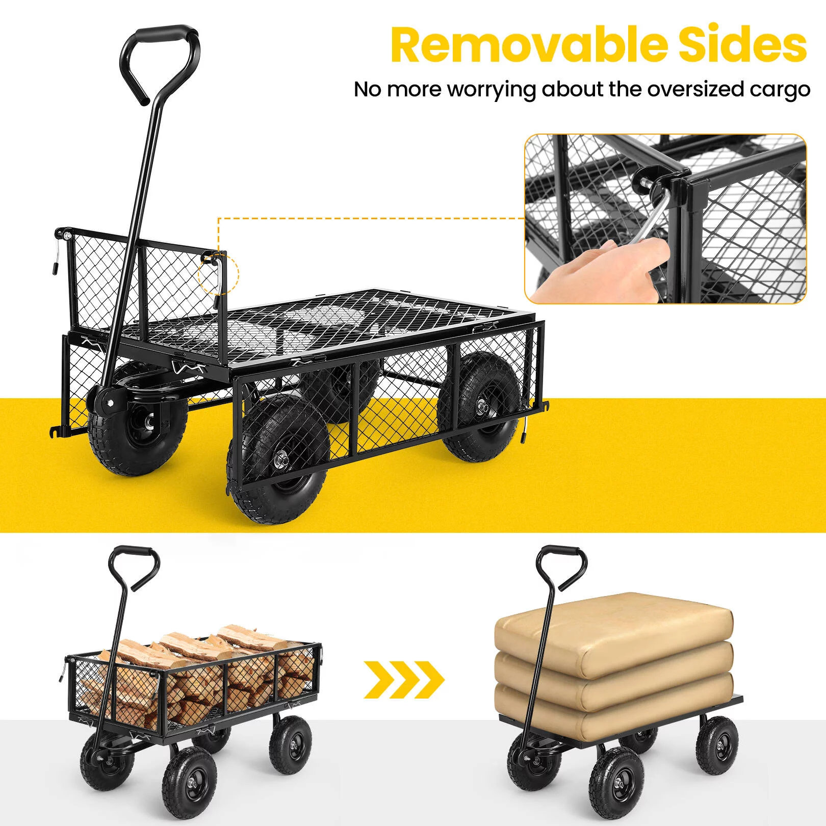 SEJOV Steel Garden Cart, Heavy Duty 660 LBS Capacity, with Removable Mesh Sides to Convert into Flatbed, Utility Metal Wagon with 180° Rotating Handle and 10