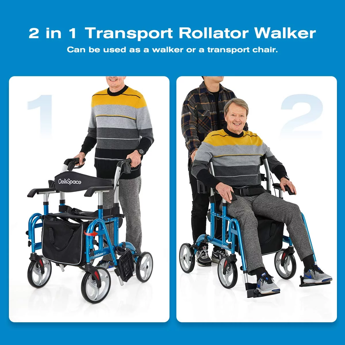 OasisSpace 2 in 1 Rollator Walker with Footrest - Transport Walker Chair with 10 inch Wheels, Walker with Cup Holder for Adult