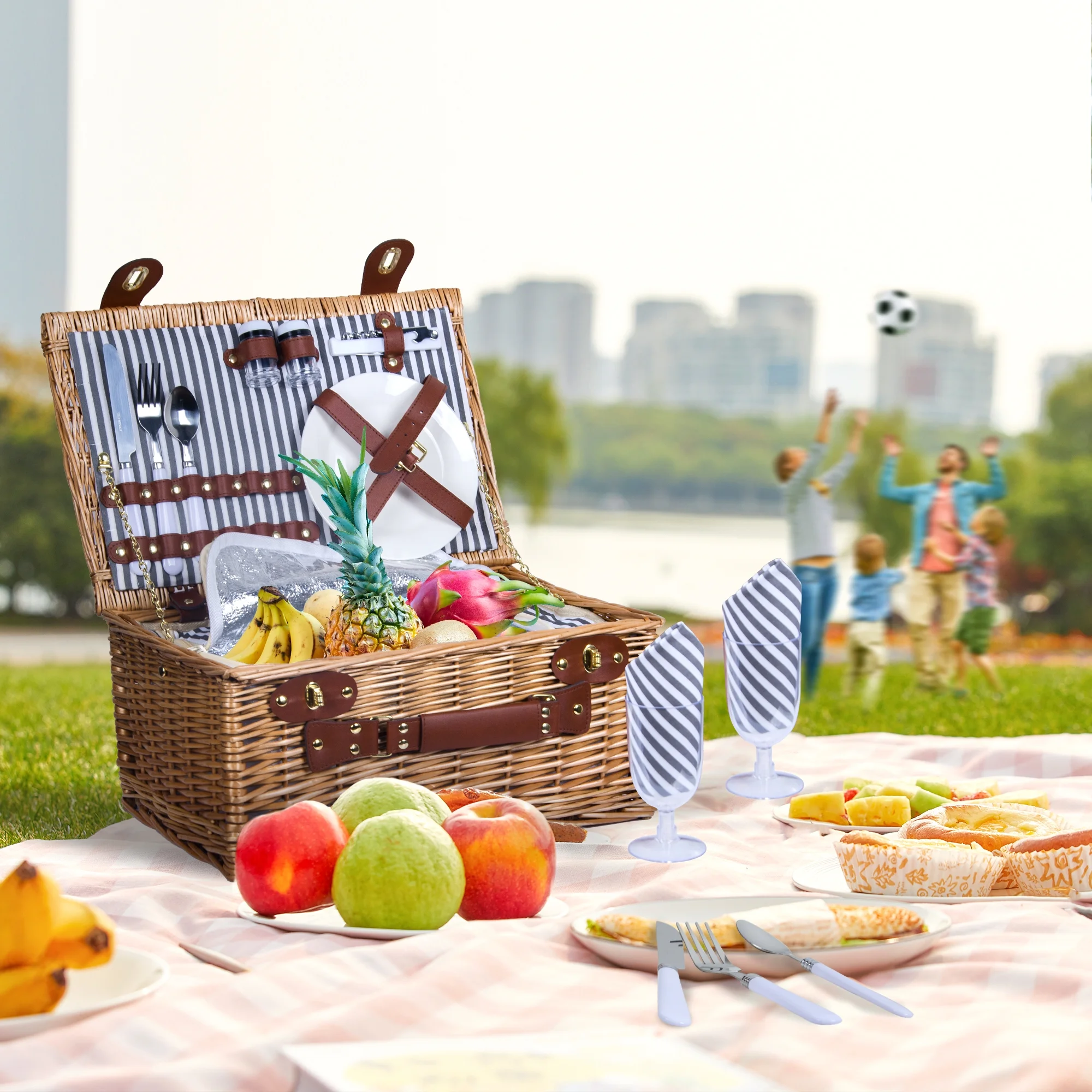 Wicker Picnic Basket Set for 2 Persons Large Willow Hamper with Insulated Cooler Compartment and Cutlery Service Kit, Classic Stripe Grey