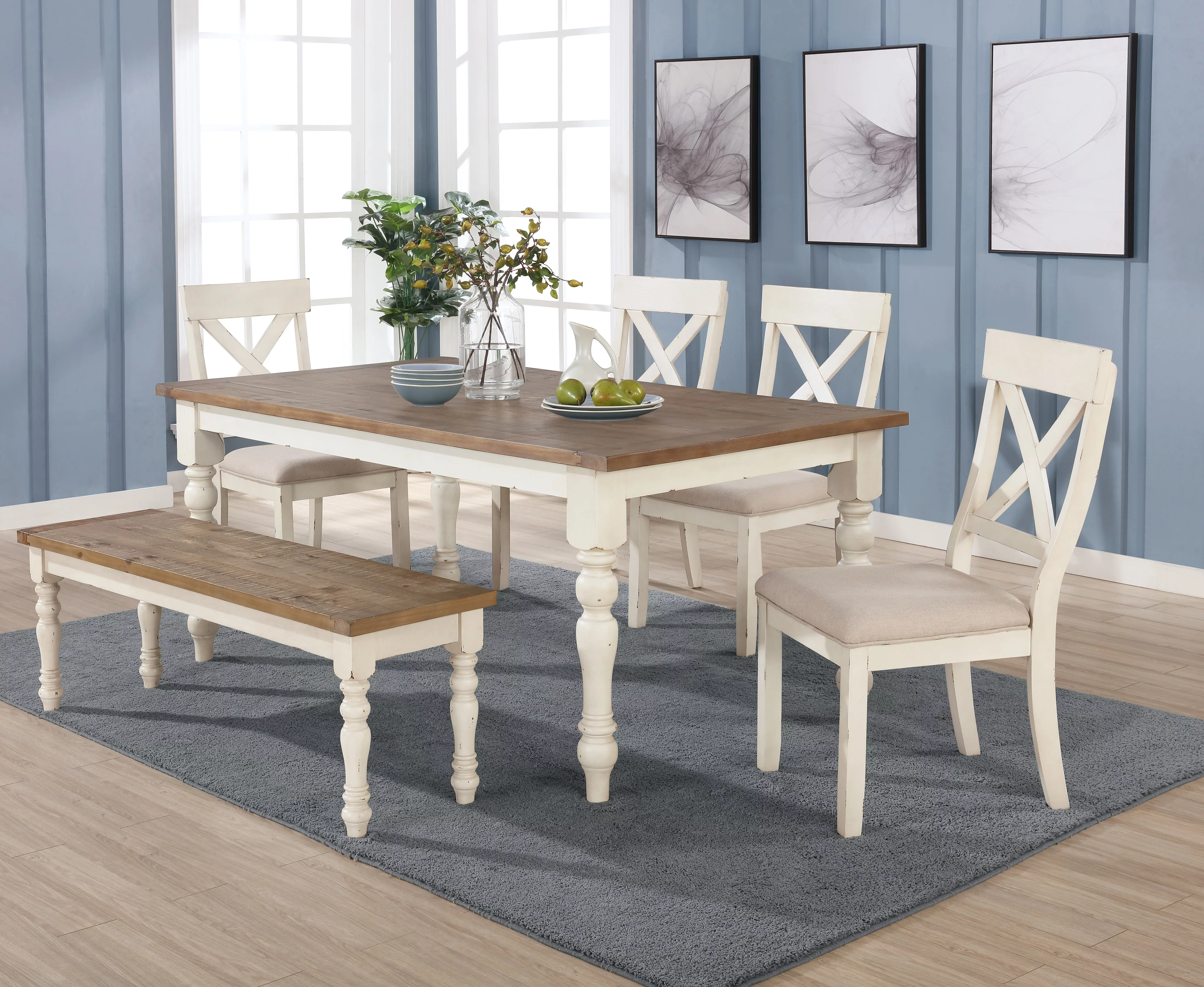 Roundhill Furniture Prato 6-piece Dining Table Set With Cross Back Chairs and Bench, Antique White and Distressed Oak