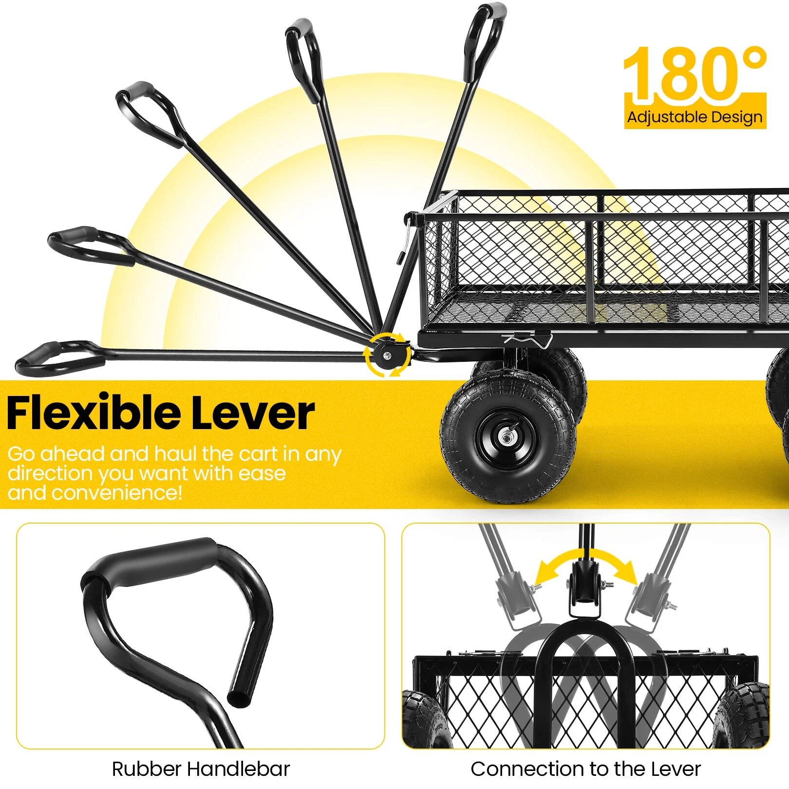 SEJOV Steel Garden Cart, Heavy Duty 660 LBS Capacity, with Removable Mesh Sides to Convert into Flatbed, Utility Metal Wagon with 180° Rotating Handle and 10