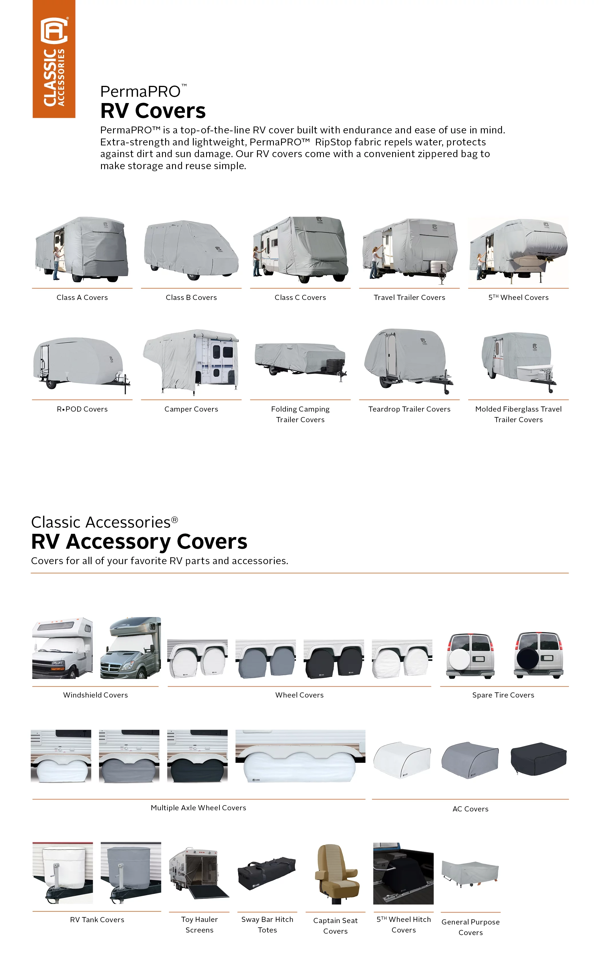 Classic Accessories OverDrive PermaPRO™ Folding Camping Travel Trailer Cover, Fits 14' - 16'L Trailers - Lightweight Ripstop and Water Repellent RV Cover, Grey