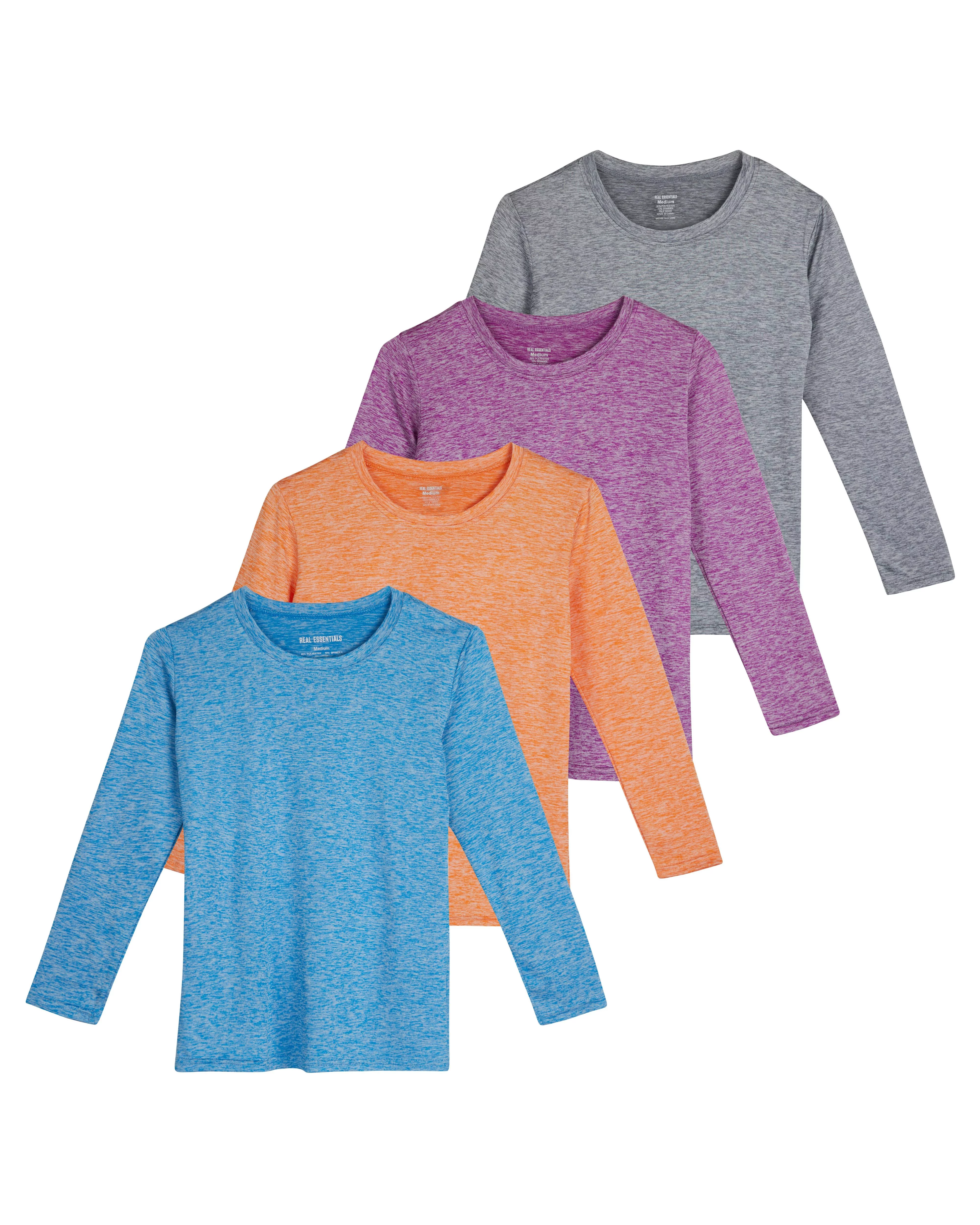 Real Essentials 4 Pack: Girls Dry-Fit Long Sleeve Active Crew Neck T-Shirt - Super Soft Tee