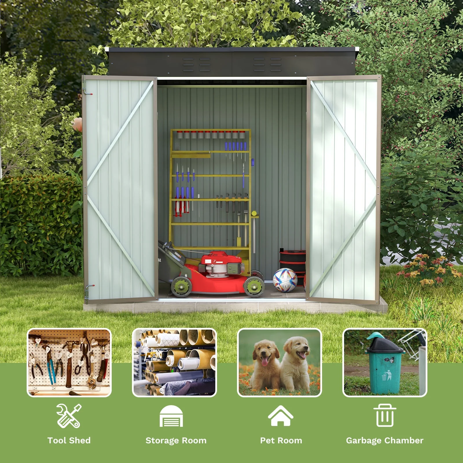 Patiowell 6x4 FT Outdoor Storage Shed, Metal Sheds with Double Lockable Doors for Lawn, Brown