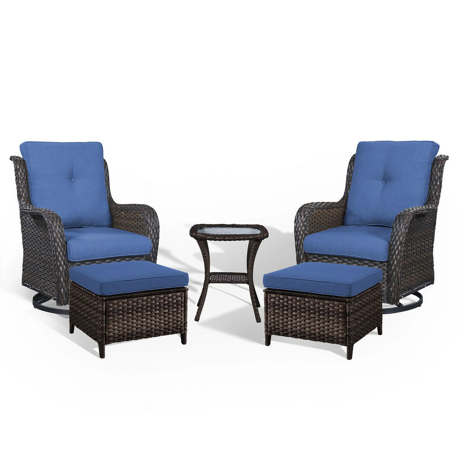 PARKWELL 5-Piece Outdoor Conversation Sets,Wicker Swivel Gliders with Ottomans,Side Table,Patio Seating Furniture with Blue Cushions,Brown Wicker