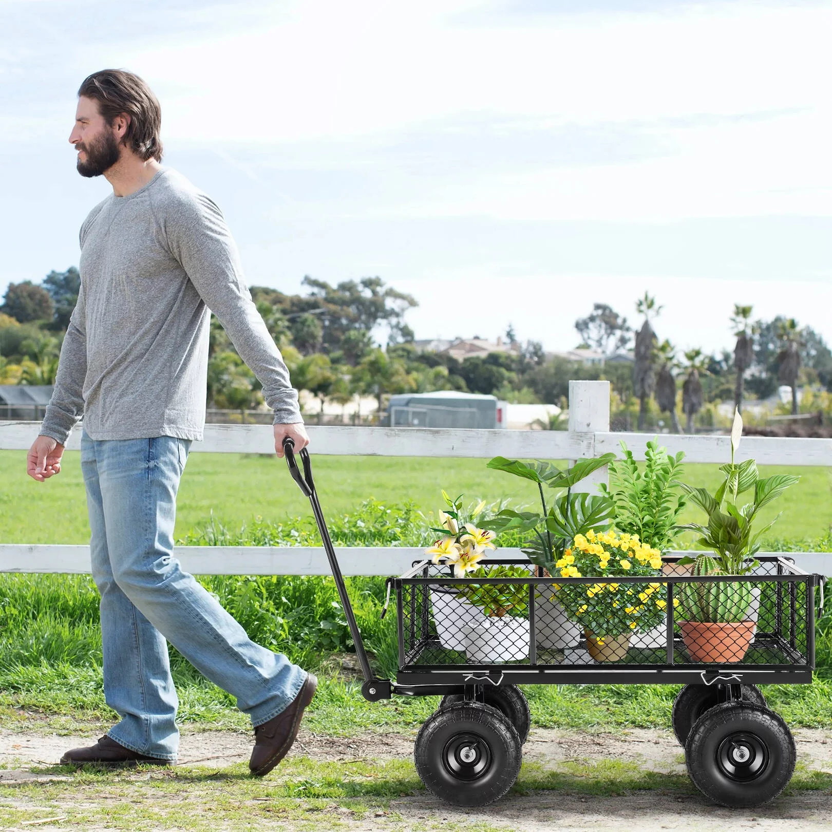 SEJOV Steel Garden Cart, Heavy Duty 660 LBS Capacity, with Removable Mesh Sides to Convert into Flatbed, Utility Metal Wagon with 180° Rotating Handle and 10