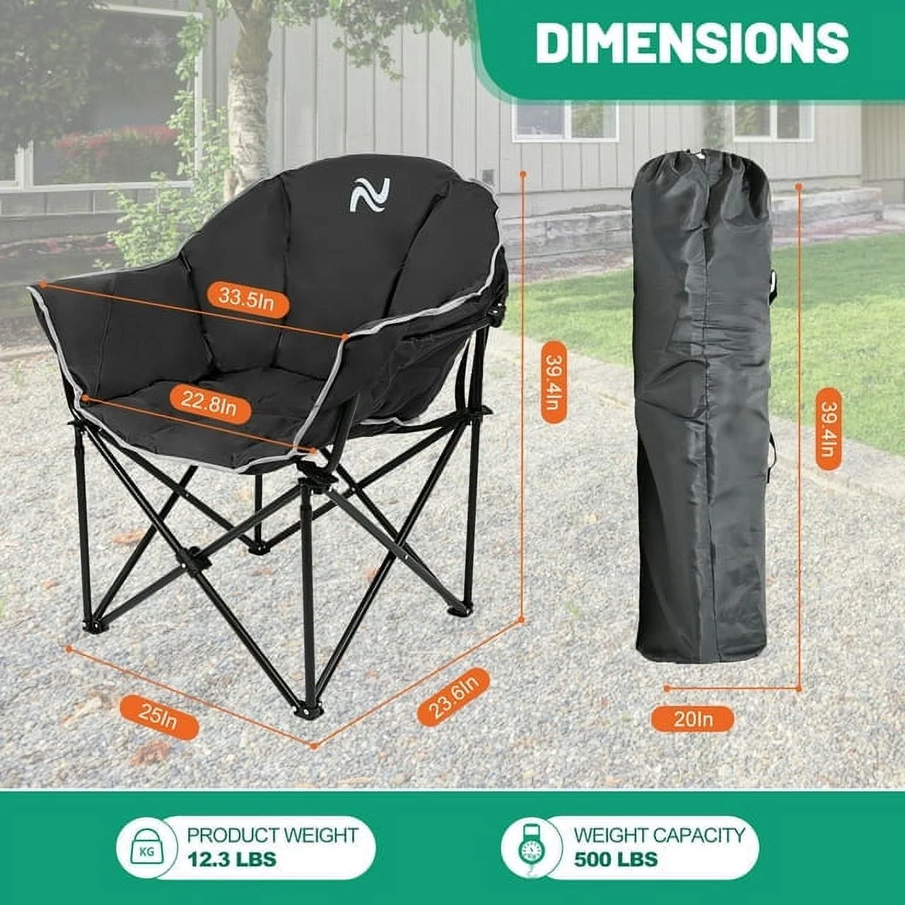 ABORON Oversized Folding Camping Chair, Padded Moon Round Chair for Adults, Foldable Saucer Recliner with Cup Holder & Carry Bag, Supports up to 500lbs