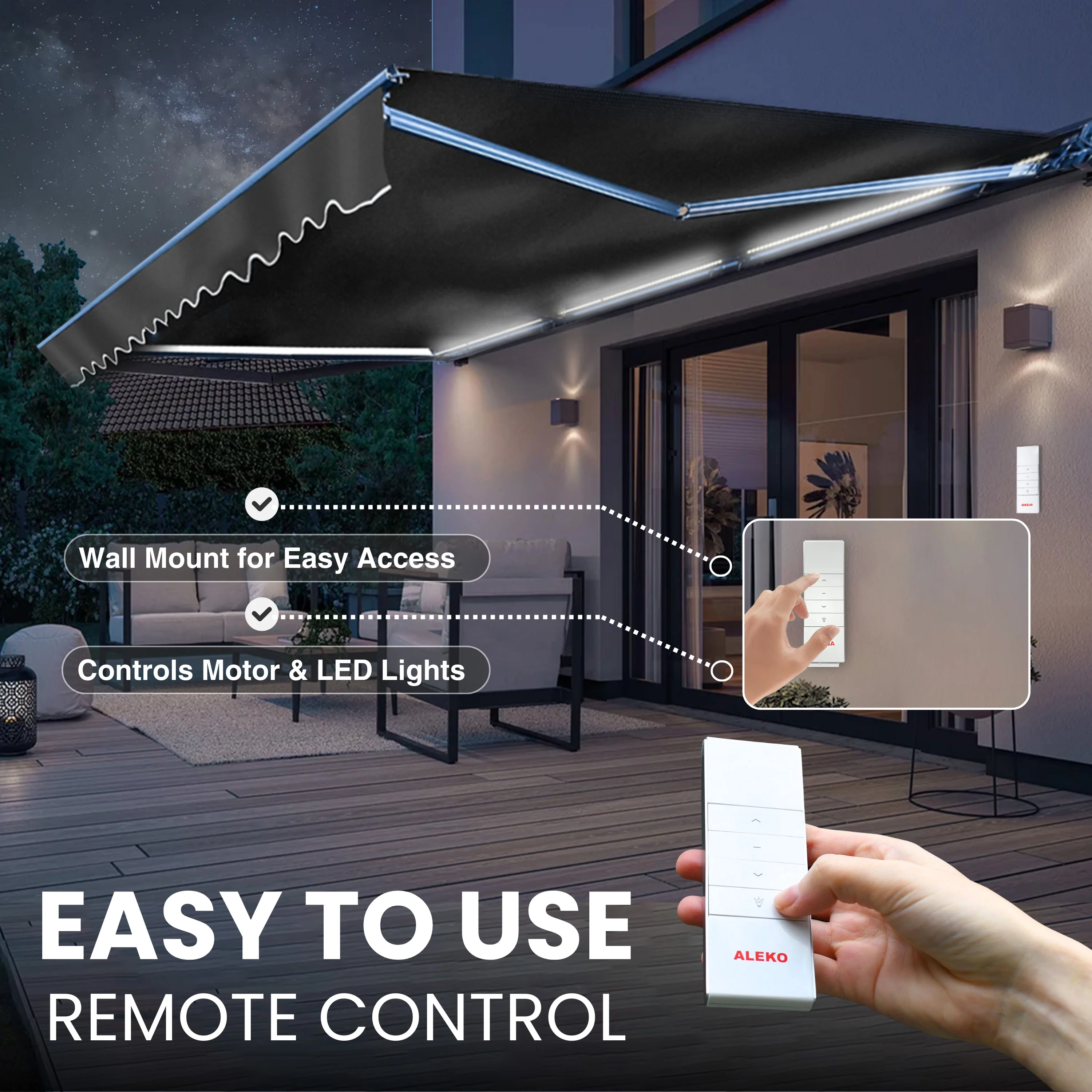 ALEKO 10' x 8' Black LED Half Cassette Motorized Retractable Patio Awning with Remote Control