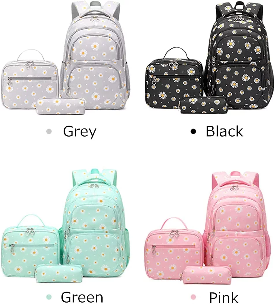 3Pcs Daisy Prints Backpack for Girls Bookbag set Primary School Daypack Elementary Students Knapsack with Lunch Box