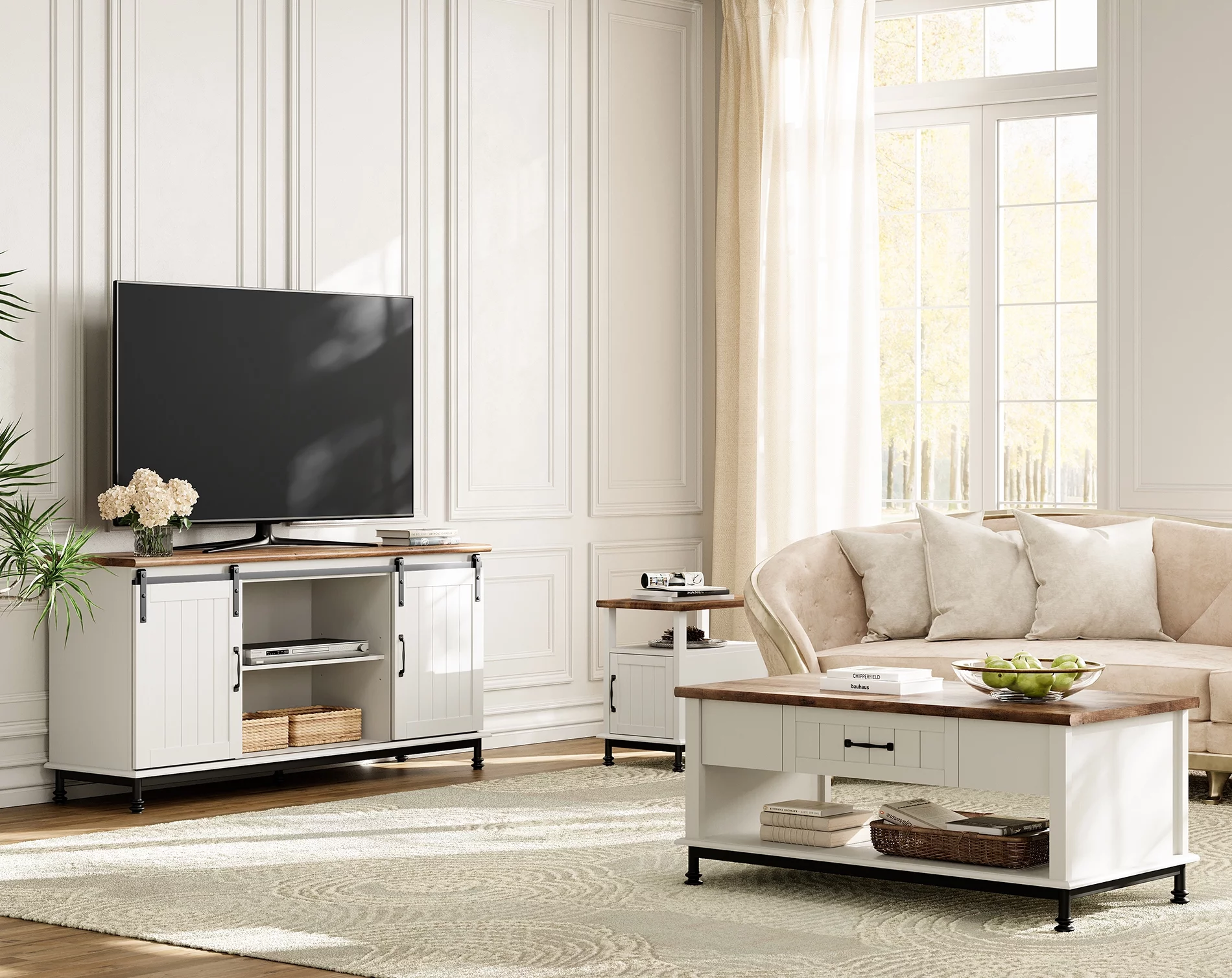 WAMPAT 3 Pieces Living Room Table Sets,1 Farmhouse TV Stand, 1 Coffee Table with Drawer,1 End Table with Charging Station, White/Oak