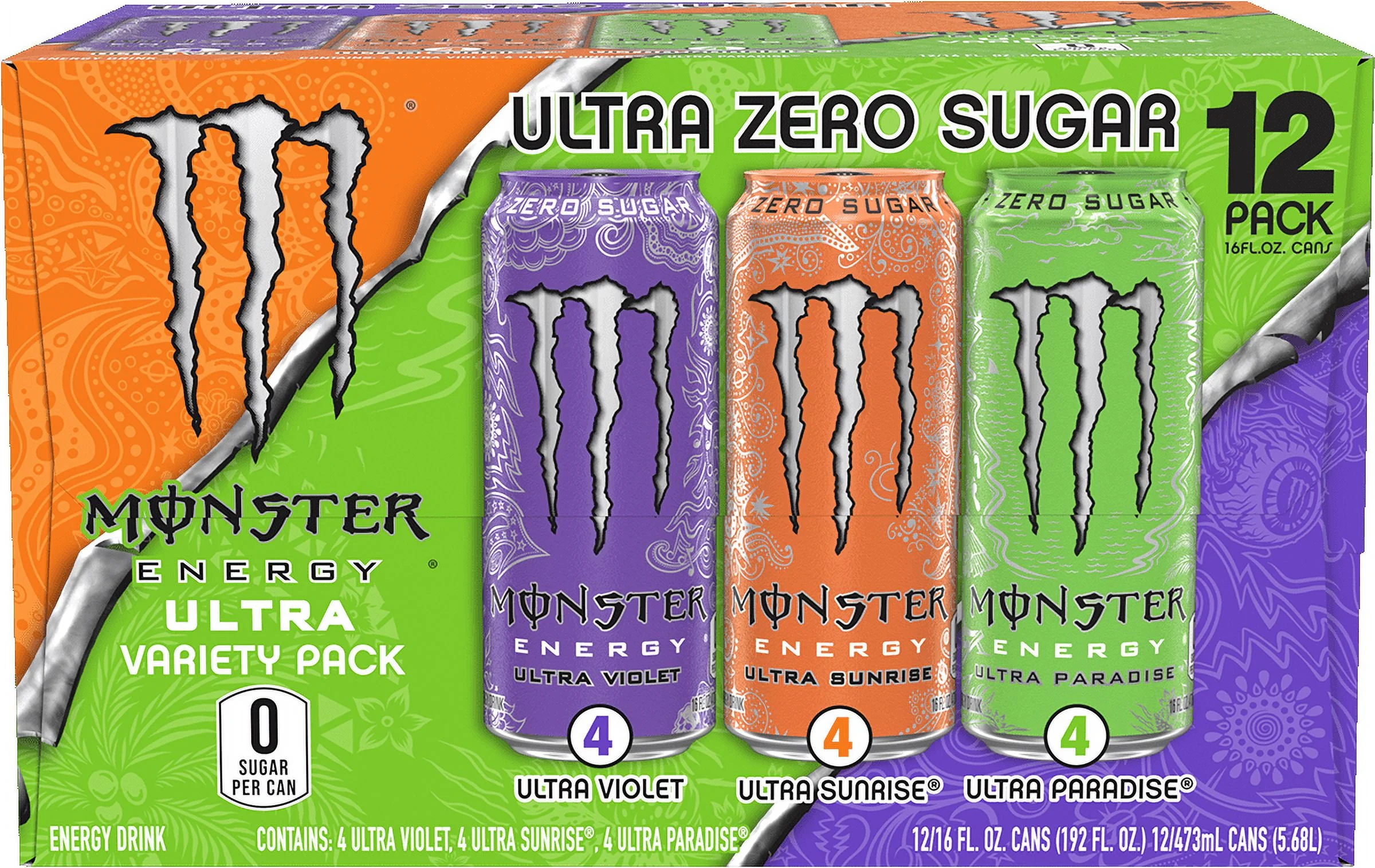 (12 Cans) Monster Ultra VP, Ultra Sunrise, Ultra Violet, Ultra Paradise, 16 fl oz, 12 Pack