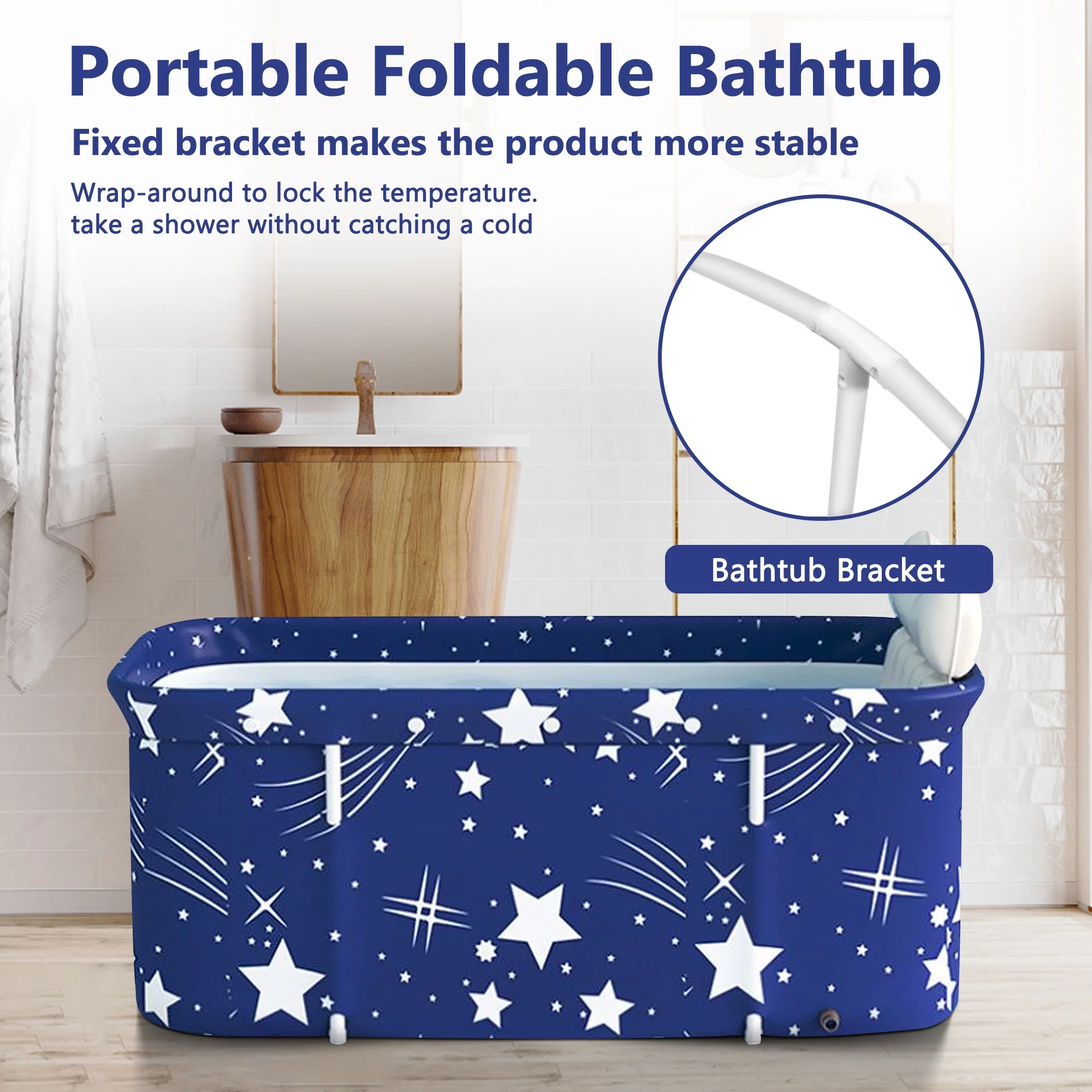 INXTAINER Folding Bathtub for Adult, 47in Large Protable Family APS Tub Foldable Soaking Bathing Shower Tub Kit for 2 Person, Starry Blue