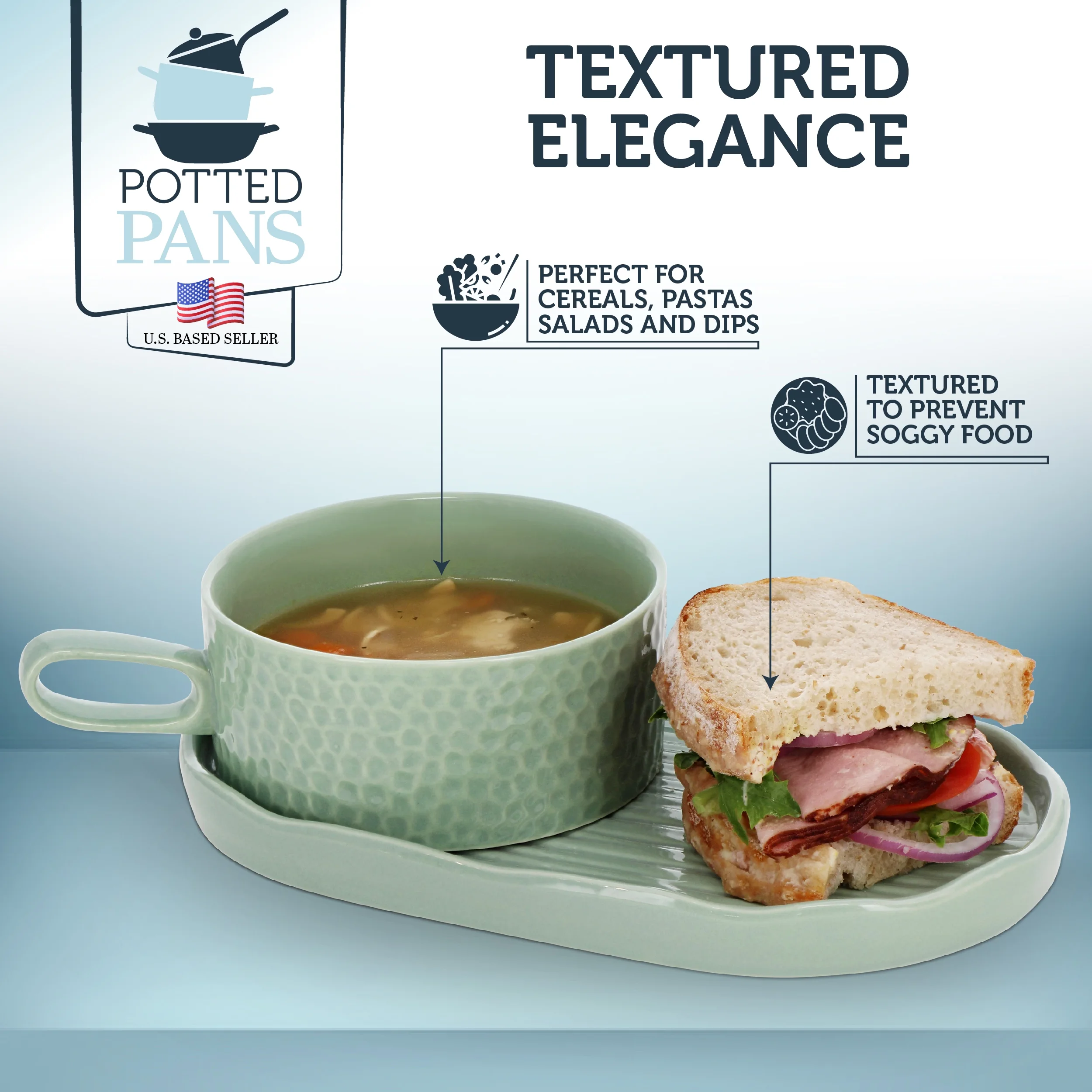 Potted Pans Soup and Sandwich Set of 1 - 16oz Mint Soup Bowl with Serving Plate