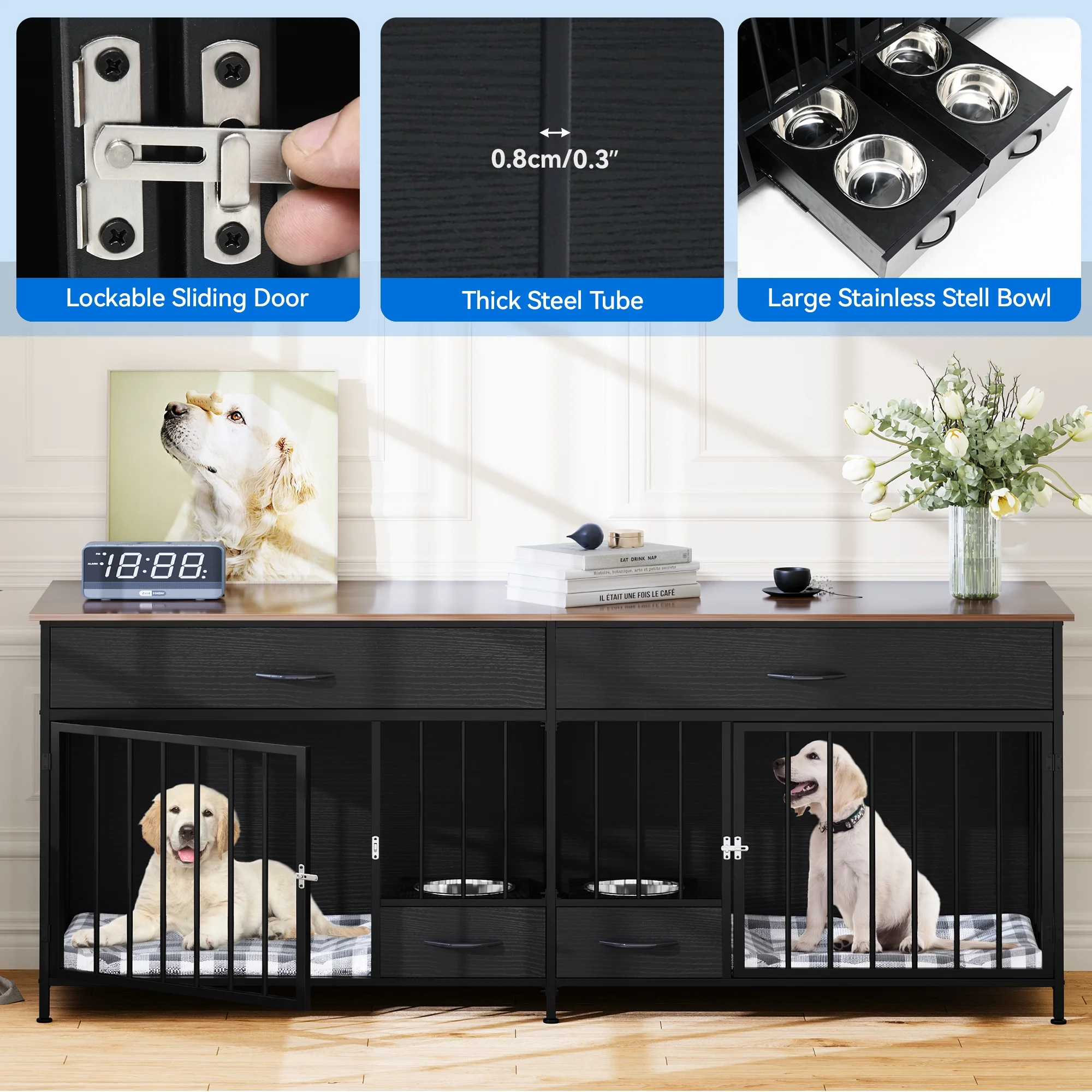 Dextrus Indoor Dog Crate Furniture Large Breed with Storage&Dog Feeder, Double Dog Kennel Furniture TV Stand, 74.8