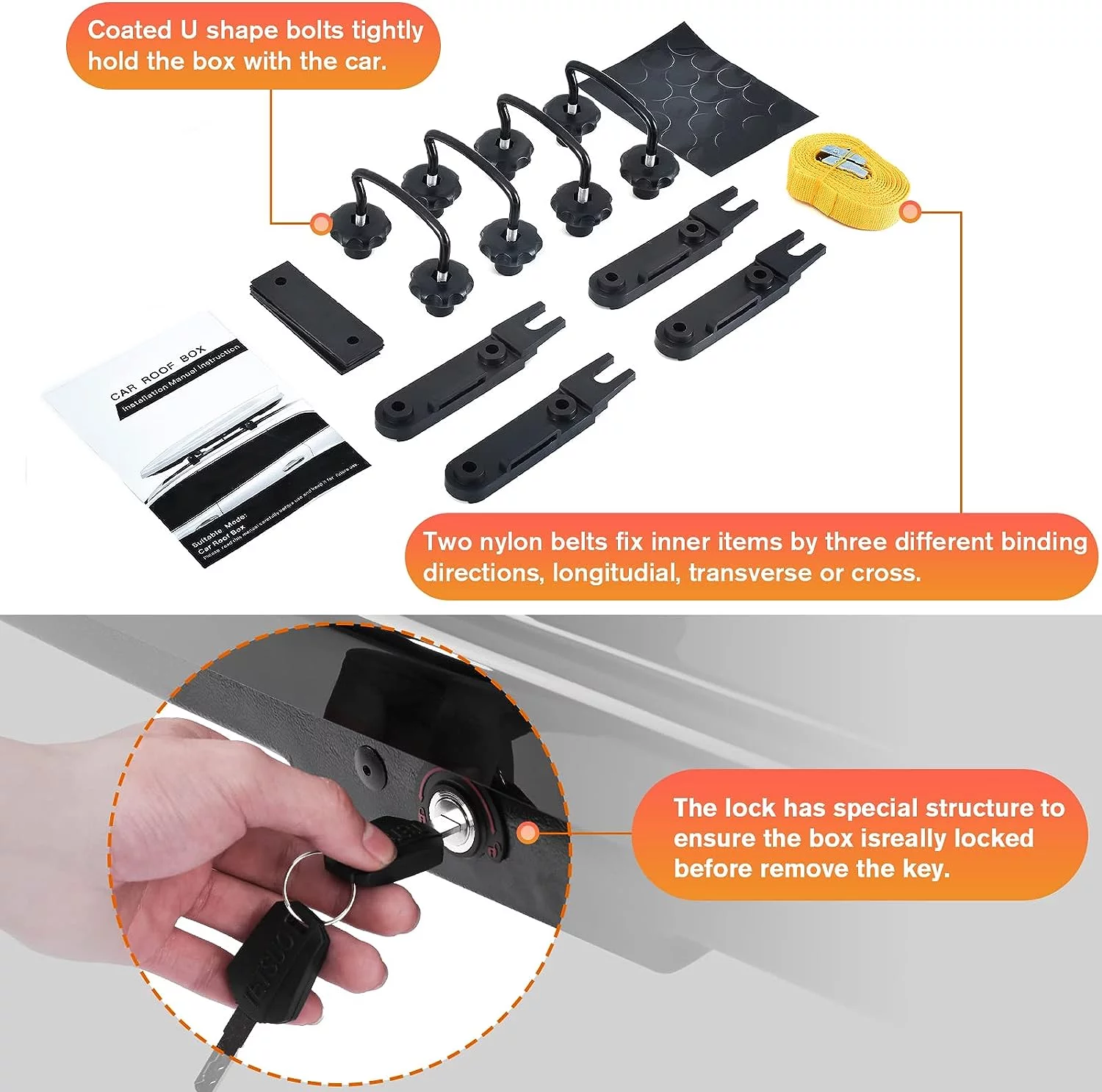 Large Hard Shell Carriers Rooftop Cargo Box with Key Lock 62 (L) x 31 (W) x 15(H) 15 Cubic Feet, Waterproof Heavy Duty Universal Roof Rack Tool-Free Install, Black