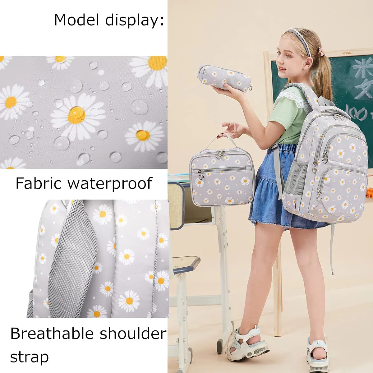 3Pcs Daisy Prints Backpack for Girls Bookbag set Primary School Daypack Elementary Students Knapsack with Lunch Box