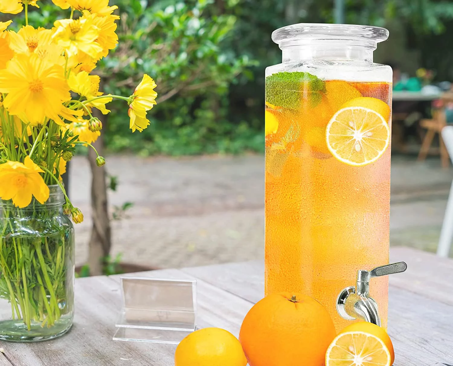 Tall Square Glass Mason Jar Drink Dispenser With Stainless Steel Spigot, 80 oz (2.36 Liters)