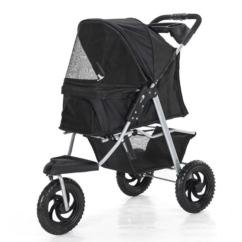 Three Wheel Folding Pet Stroller, Dog Jogger Travel Cats Carrier Adjustable Canopy Storage Brake Mesh Window - Black