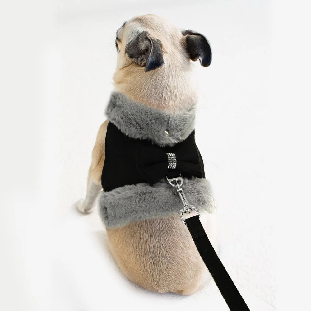 Warm Fleece Mesh Padded Vest Cute Bow Tie Dog Cat Harness and Leash Winter Coat