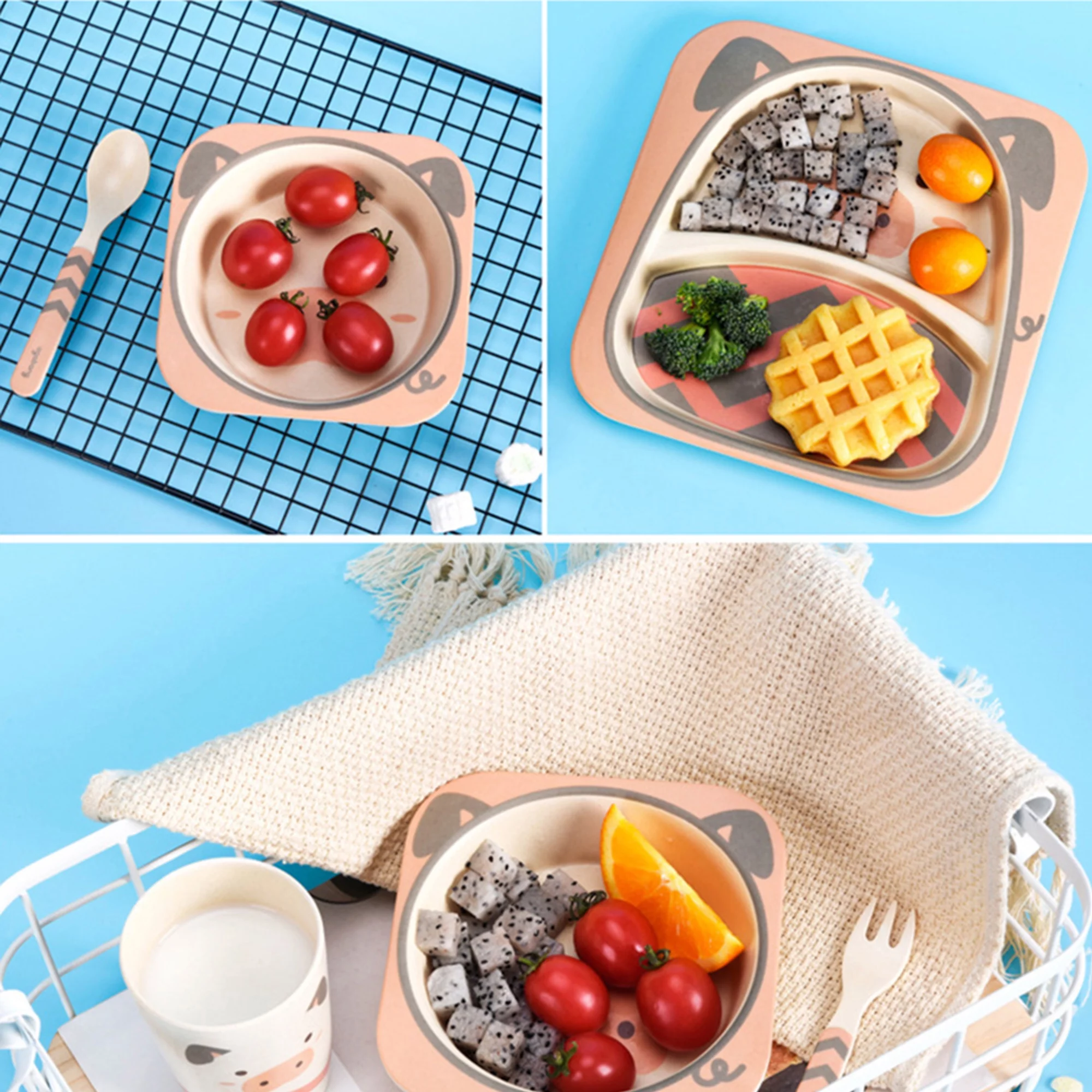 5Pcs/Set Bamboo Kids Dinnerware Set - Children Dishes - BPA Free Food Plate Bowl Cup Spoon Fork Set Dishware, Cartoon Tableware - Strawberry