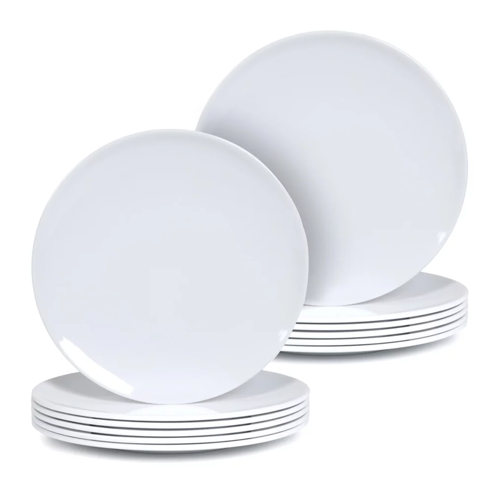 White Dinner Plates Set, 10in Dishes Set for Daily Use, Sets of 12