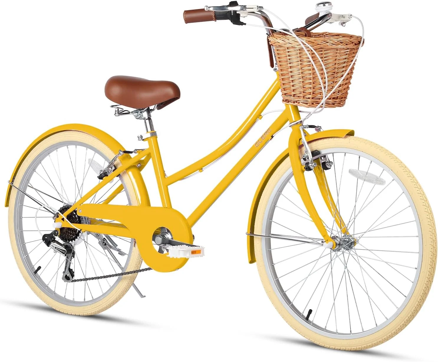 Glerc 24 inch Girls Cruiser Bike 6-Speed Women's Hybird Bicycle for Ages 7-11 Years,Yellow
