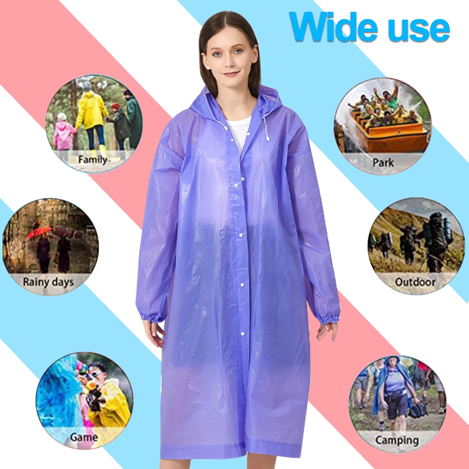 Raincoat Waterproof Rain Coat Poncho Long Rain Jackets Lightweight with Drawstring Hood for Men Women (Pink 1 pack + Purple 1 Pack)