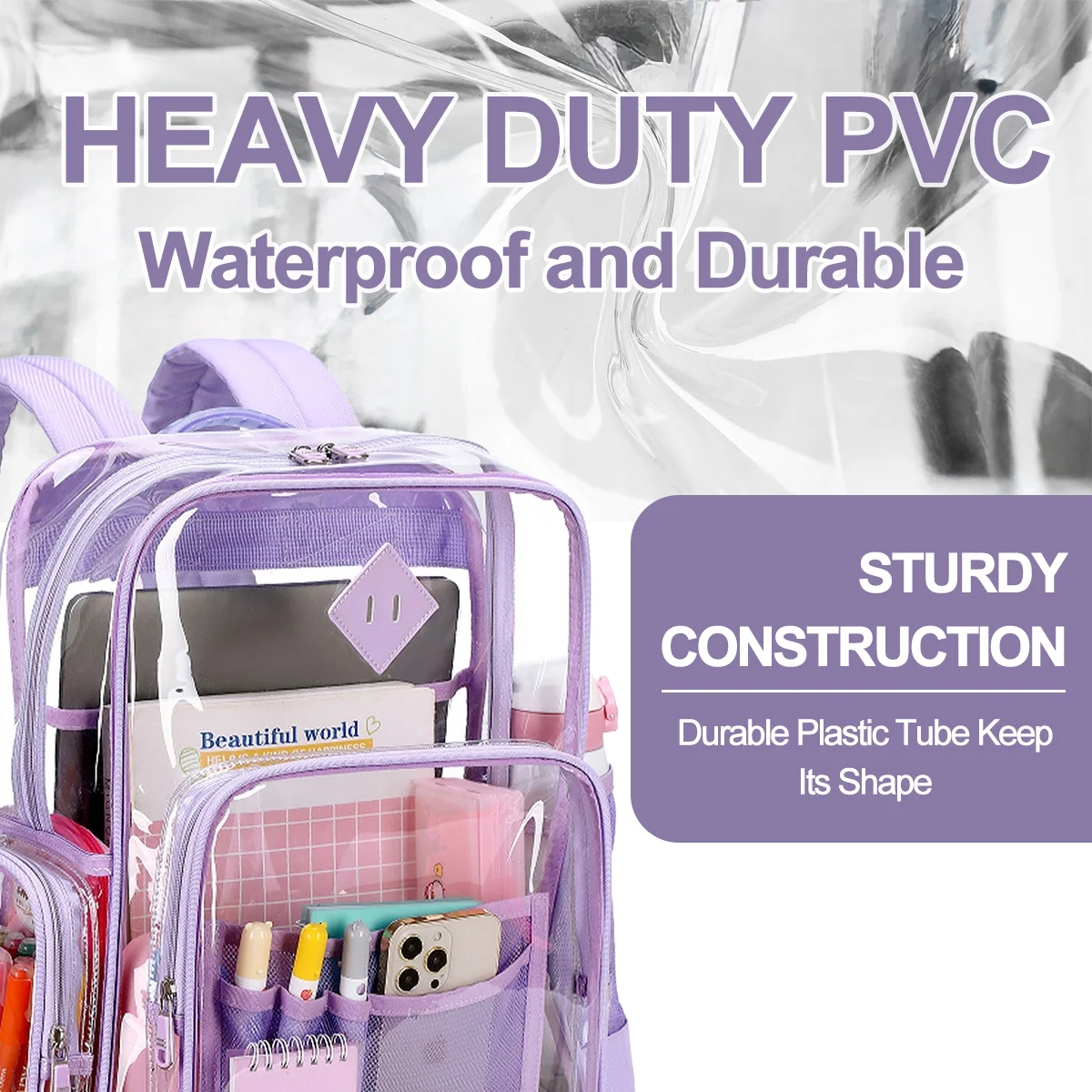 Sanmadrola Clear Backpack Heavy Duty Stadium Approved School Bookbag Large Waterproof PVC Transparent Backpacks for Kids Adults Clear Bag with Reinforced Strap for School Travel Purple