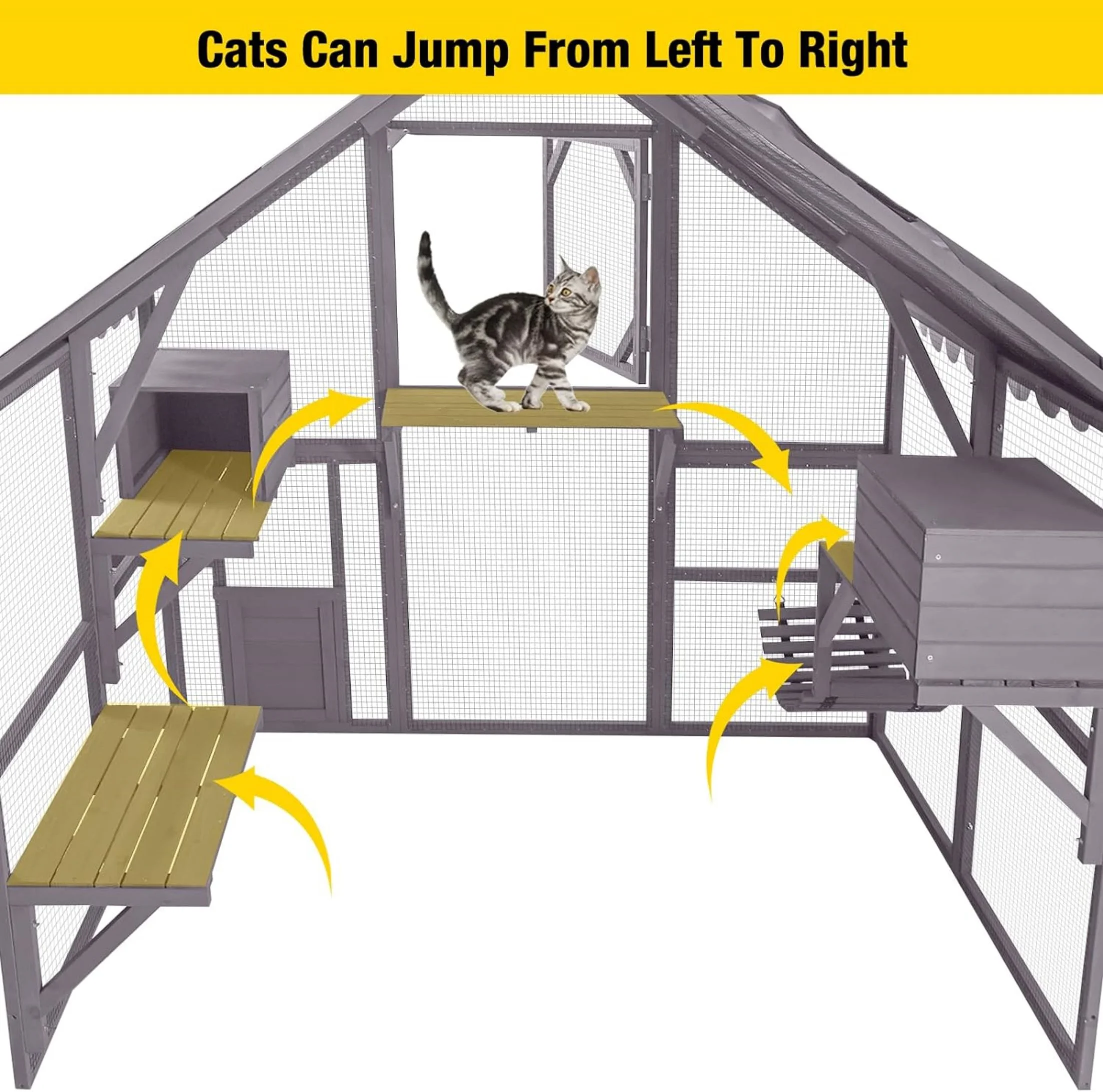 Morgete Large Cat Catio Walk-in Enclosure Wooden Cage with Bridges, Platforms, Rest Rooms, Roof Cover