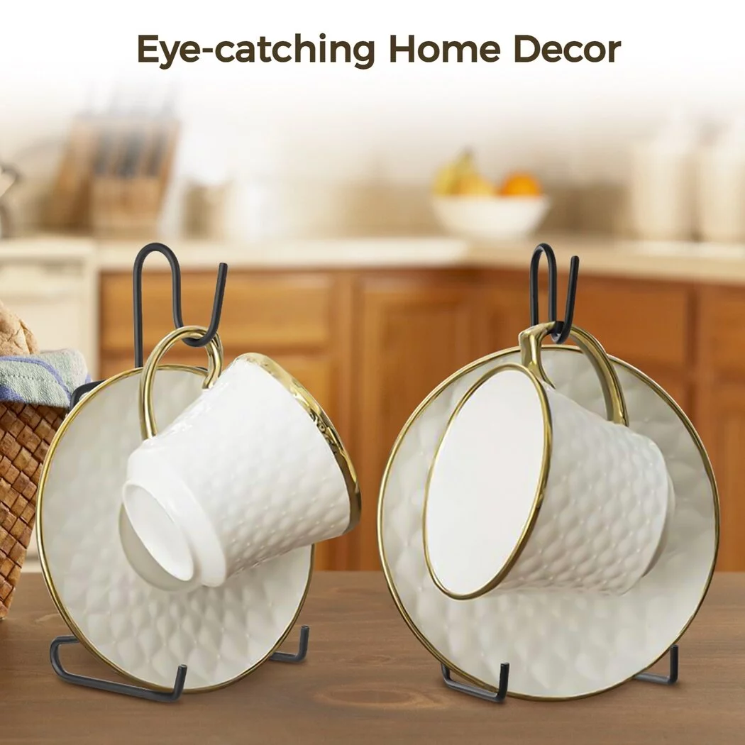 Cup and Saucer Display Stand, 8 Pcs Tea Cup and Saucer Holders, Teacup Coffee Mug Organizer Rack, Black Finish Metal Mug and Saucer Stand for Tea Coffee Cups Plates