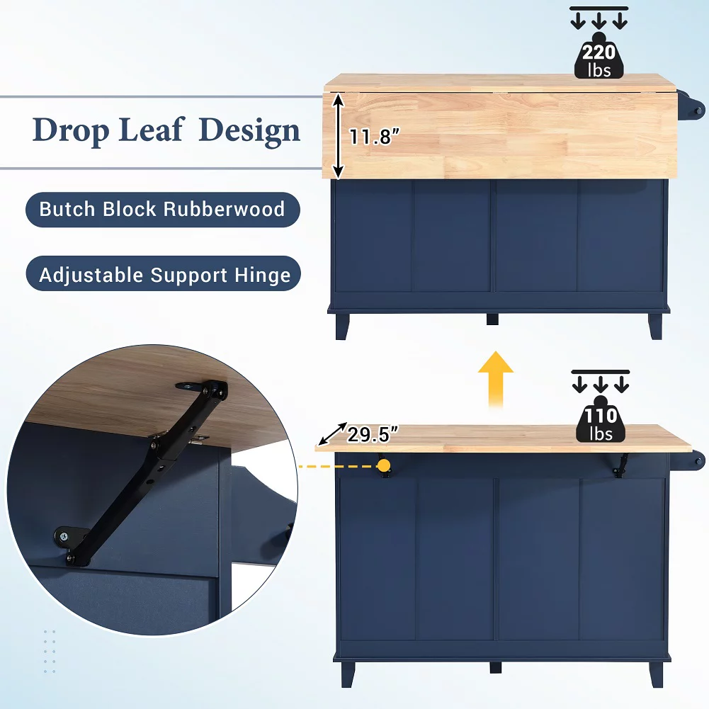 3 Piece Counter Height Kitchen Island Set with Storage Cabinet, Drawers and Towel Rack, Dining Table Set with Drop Leaf and 2 Seatings, Compact Kitchen Table (Blue+Black+Brown)