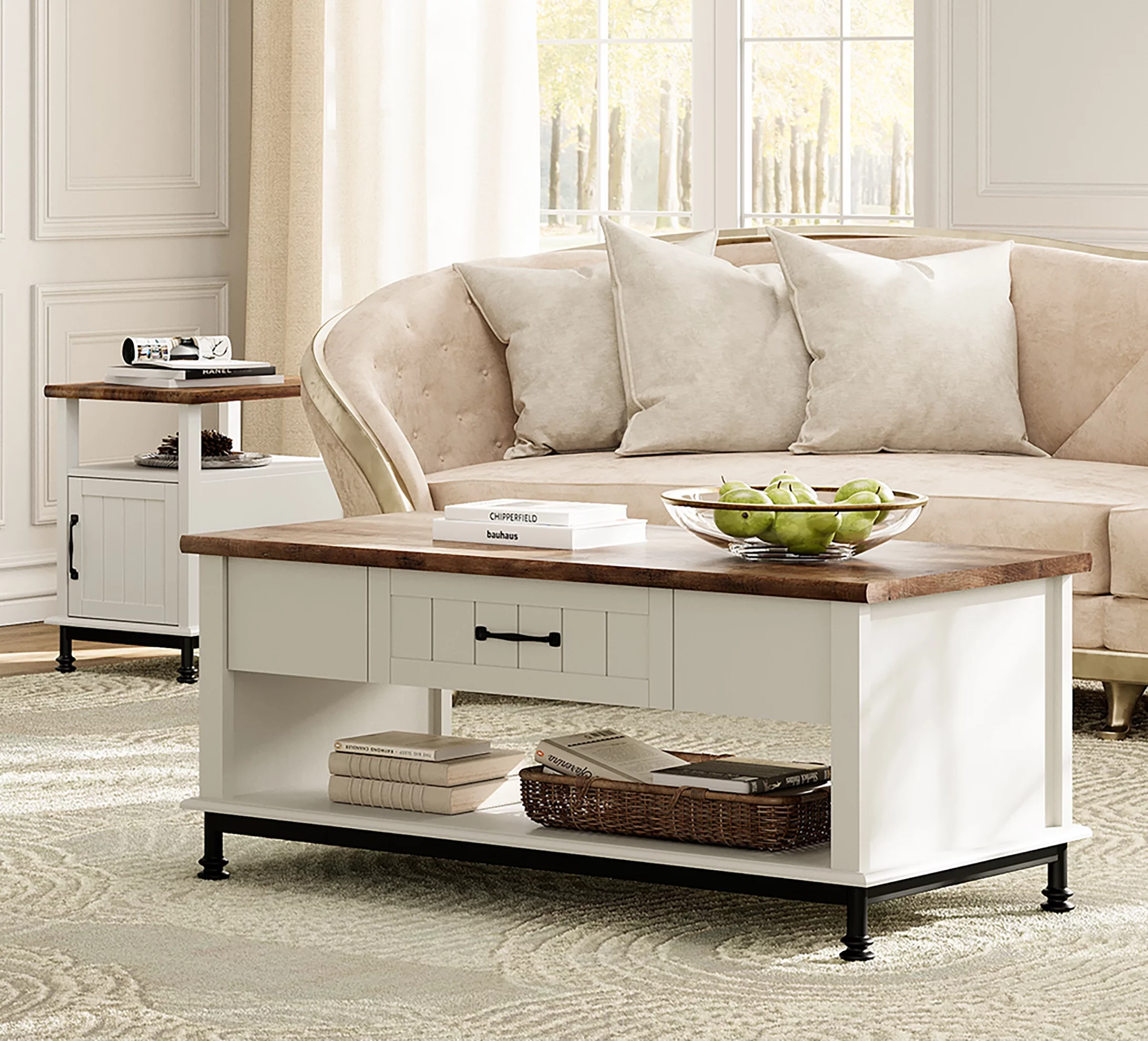 WAMPAT 3 Pieces Living Room Table Sets,1 Farmhouse TV Stand, 1 Coffee Table with Drawer,1 End Table with Charging Station, White/Oak